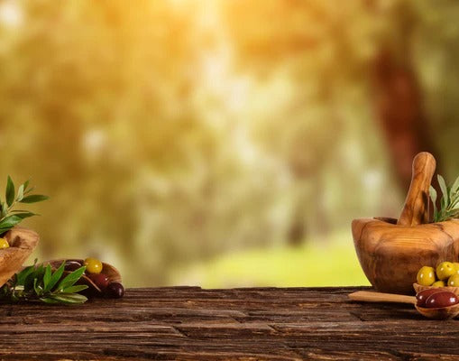 Küchenrückwand - Olivenöl & Oliven