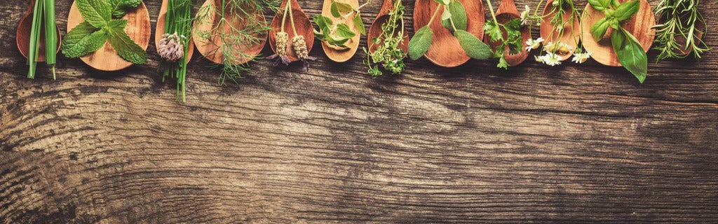 Küchenrückwand - Frische Kräuter auf Holzplatte