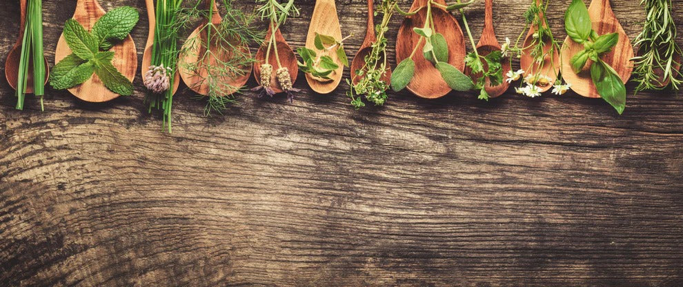 Küchenrückwand - Frische Kräuter auf Holzplatte
