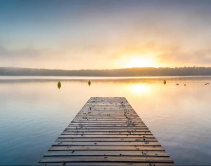 Spritzschutz - Sonnenaufgang am See mit Nebel