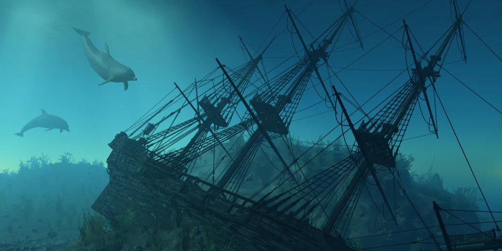 Spritzschutz - mystisches Schiffswrack mit Delfinen