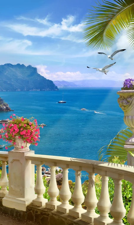 Duschrückwand - Paradiesischer Ausblick vom Balkon in Sizilien