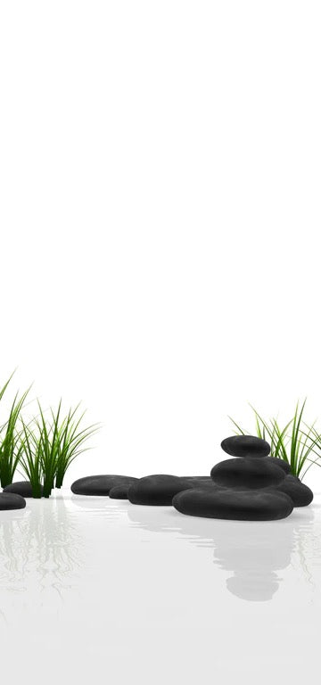 Duschrückwand - Ruhiges Steine Gefilde mit Gras und Wasser