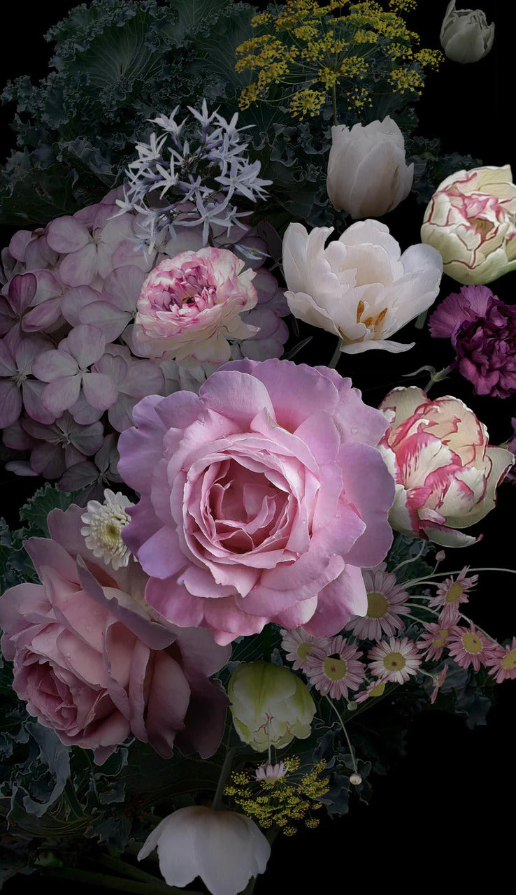 Duschrückwand - Garten Blumen mit dunklem Hintergrund