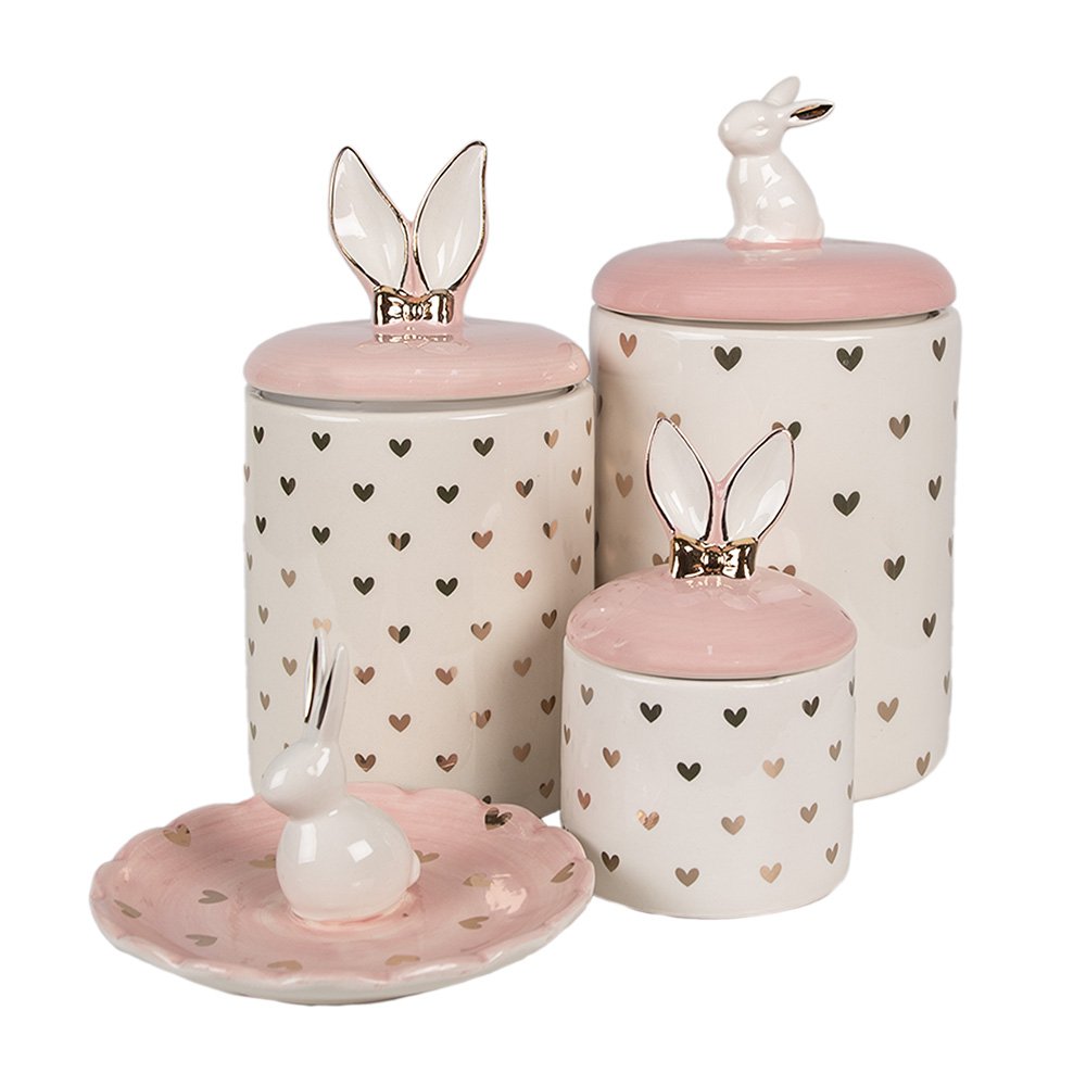 Stock Jar Kaninchen Ø 13x30 cm rosa weißer Keramikherz -Herzensgläser Deckel