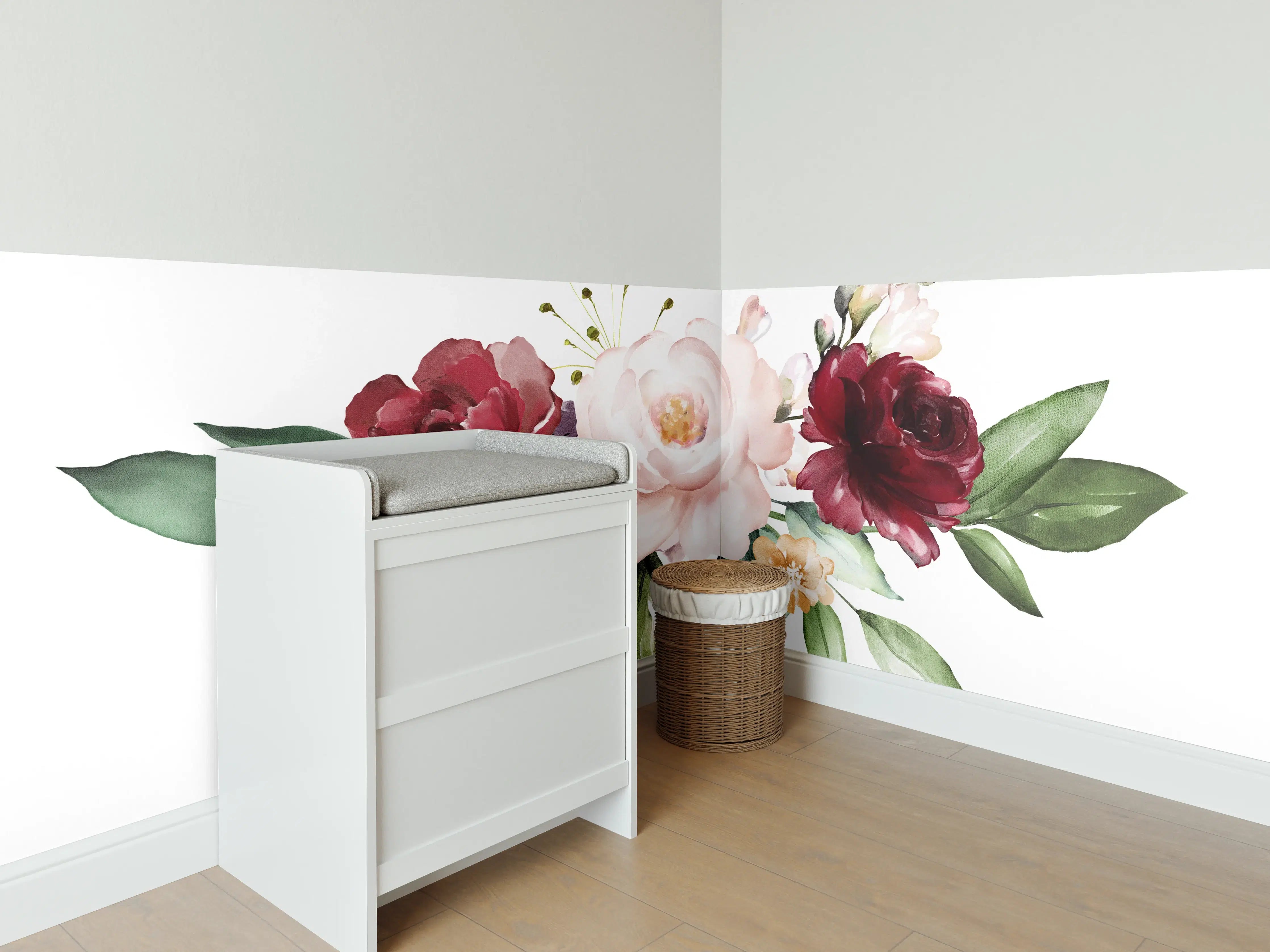 Babyzimmer Wandgestaltung - Aquarell bordeauxfarbene Blumen