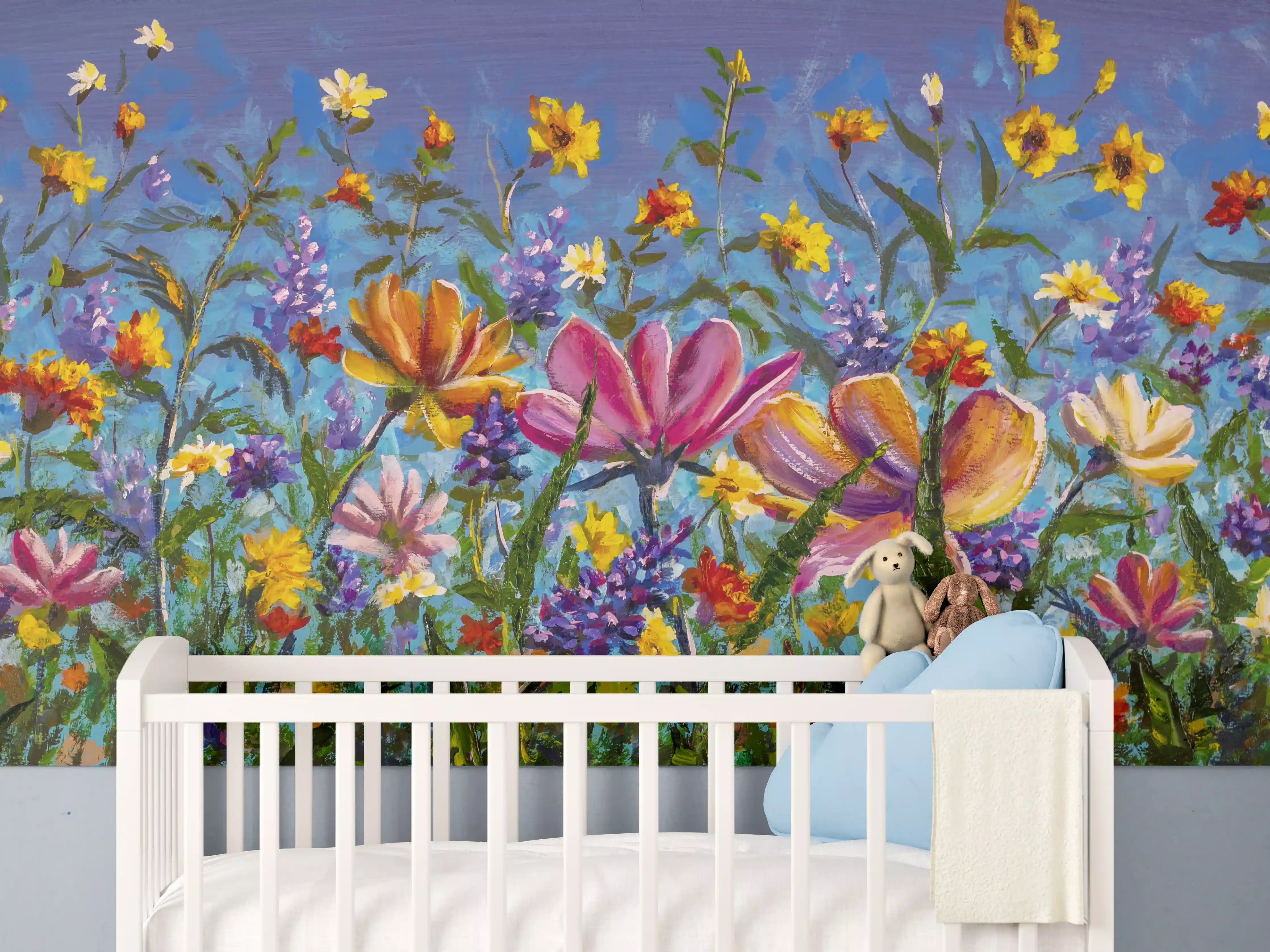 Babyzimmer Wandgestaltung - Bunter Blumenmix Ölgemälde