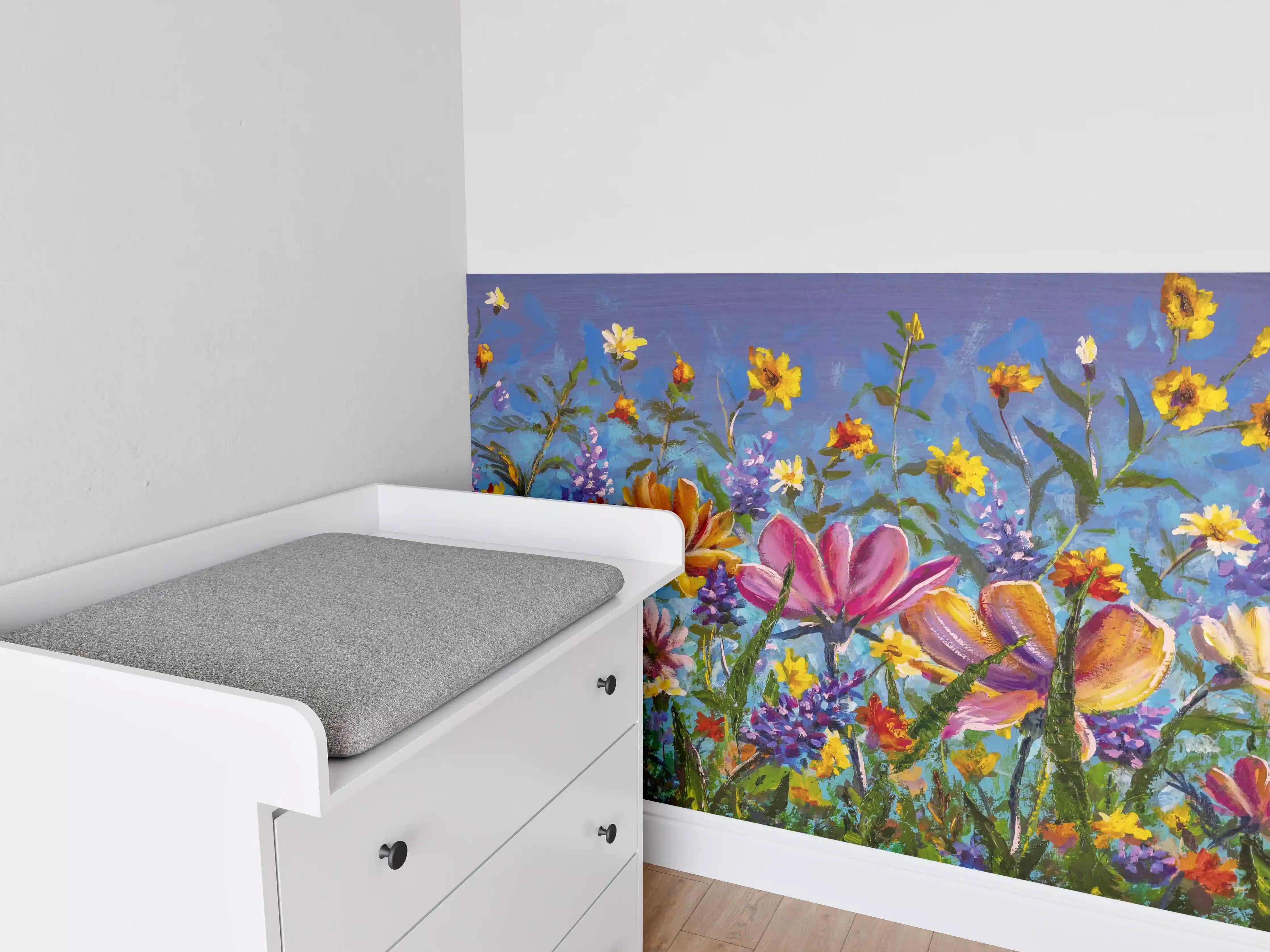 Babyzimmer Wandgestaltung - Bunter Blumenmix Ölgemälde