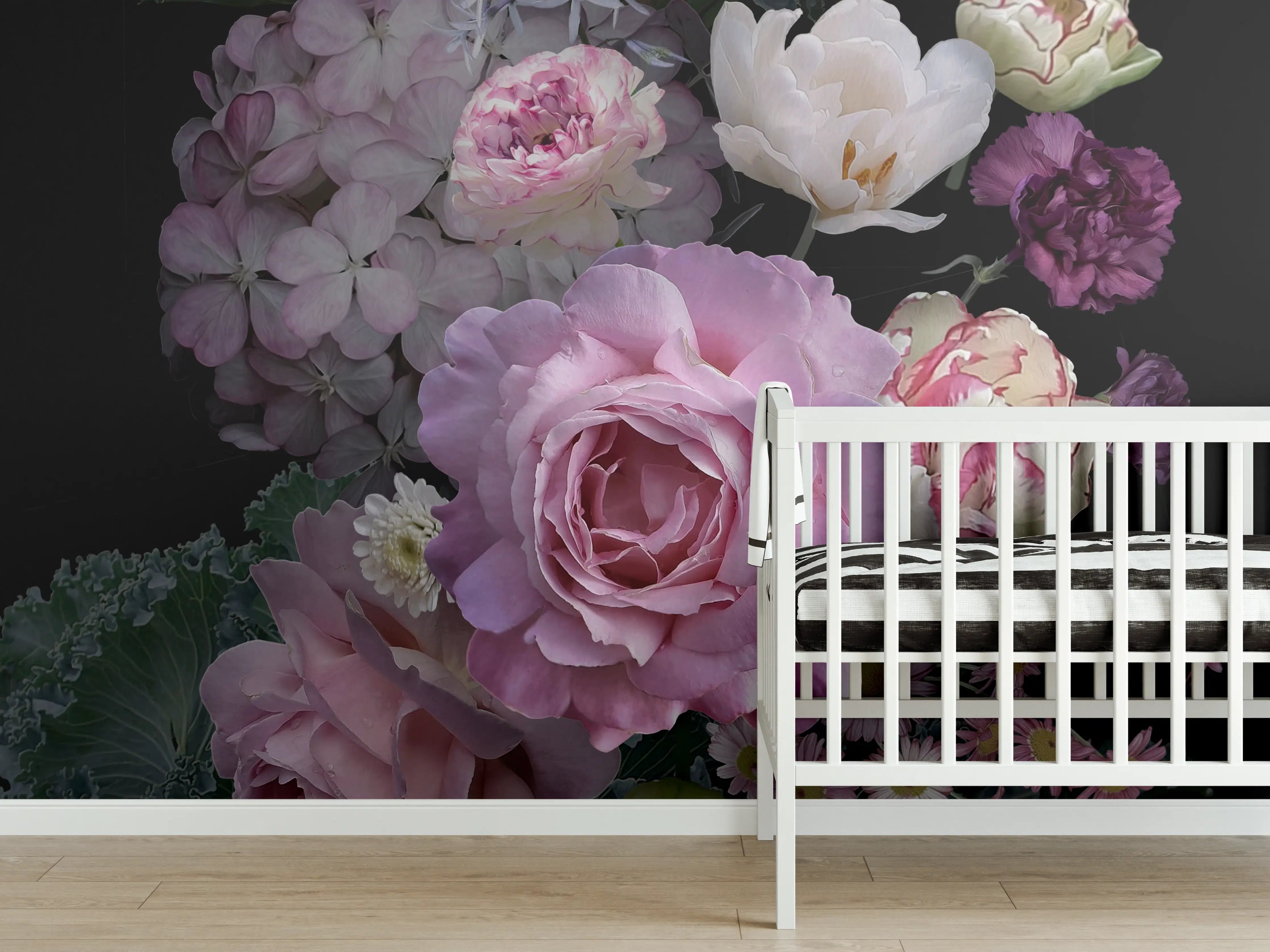 Babyzimmer Wandgestaltung - Garten Blumen mit dunklem Hintergrund