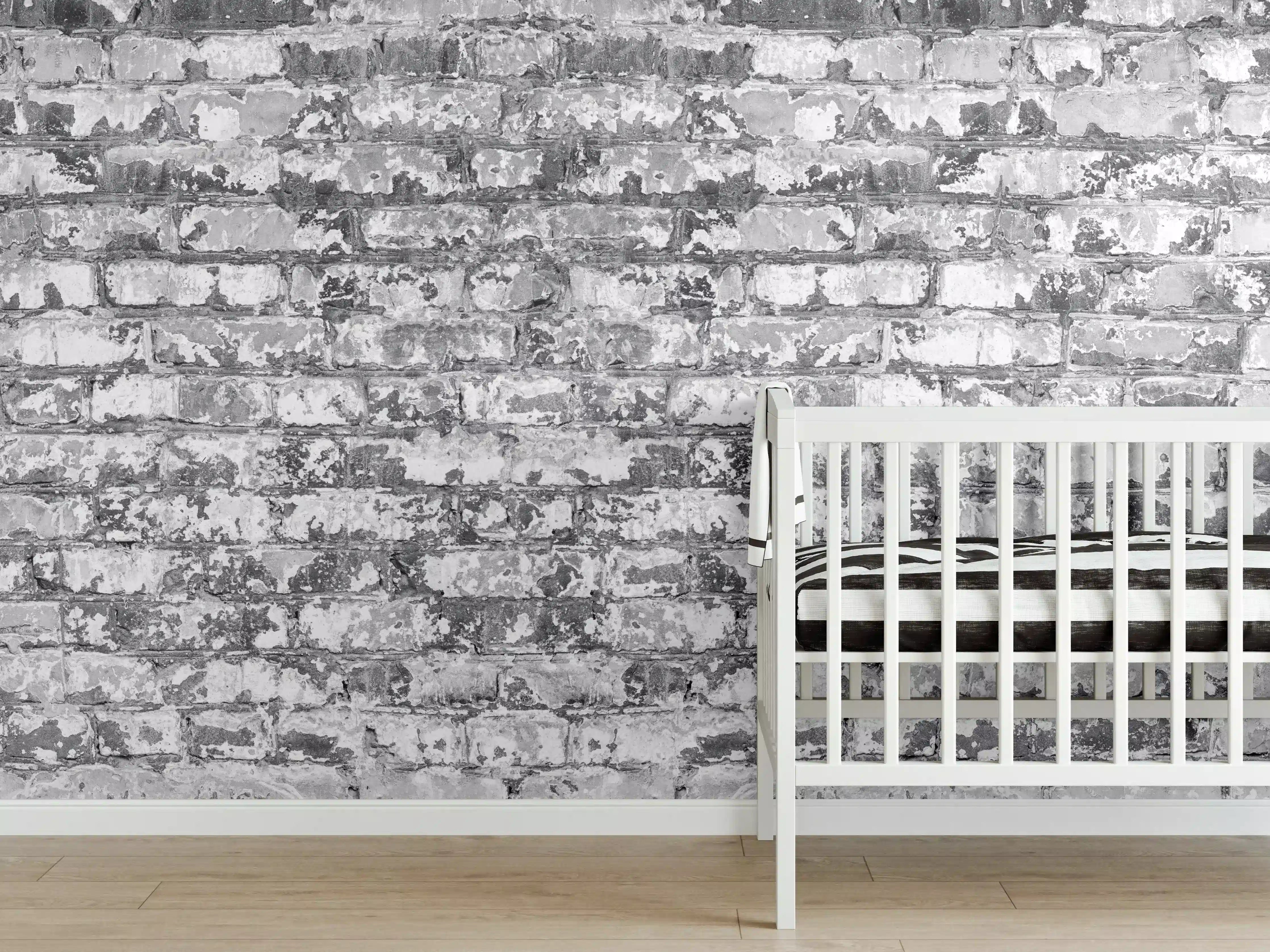 Babyzimmer Wandgestaltung - Hellgraue verwitterte Vintage Ziegelwand