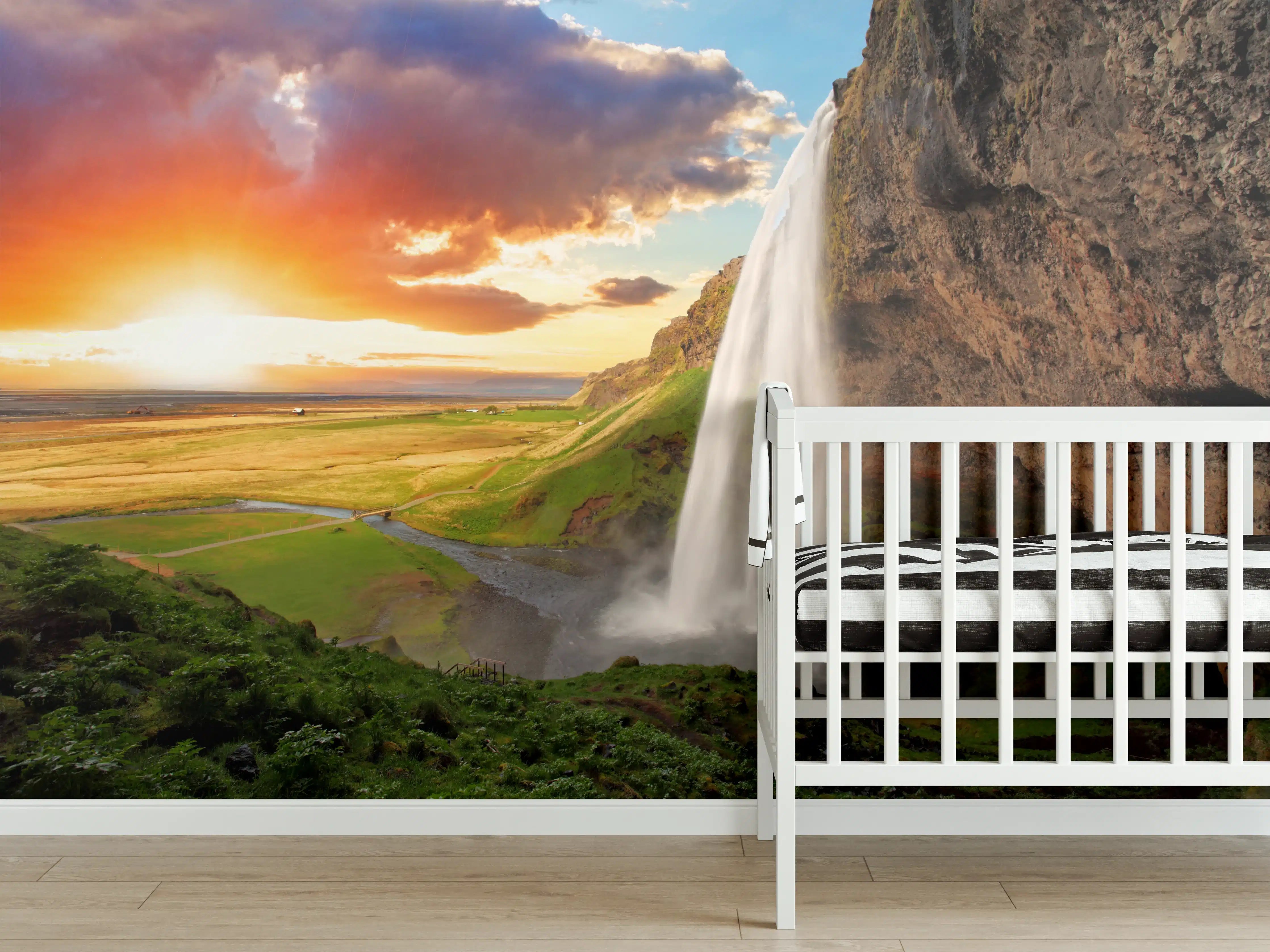 Babyzimmer Wandgestaltung - Seljalandsfoss Wasserfall bei Sonnenuntergang