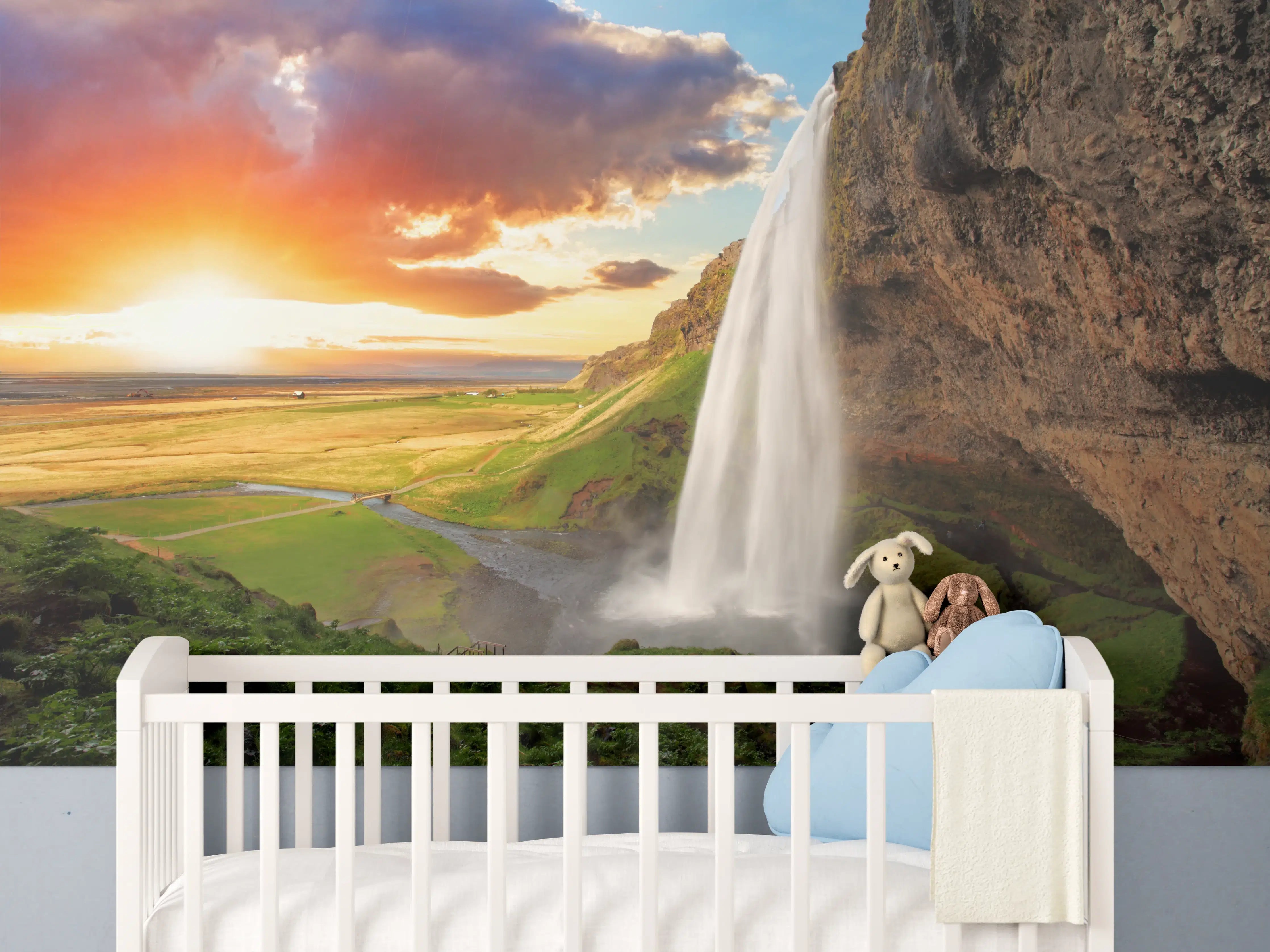 Babyzimmer Wandgestaltung - Seljalandsfoss Wasserfall bei Sonnenuntergang