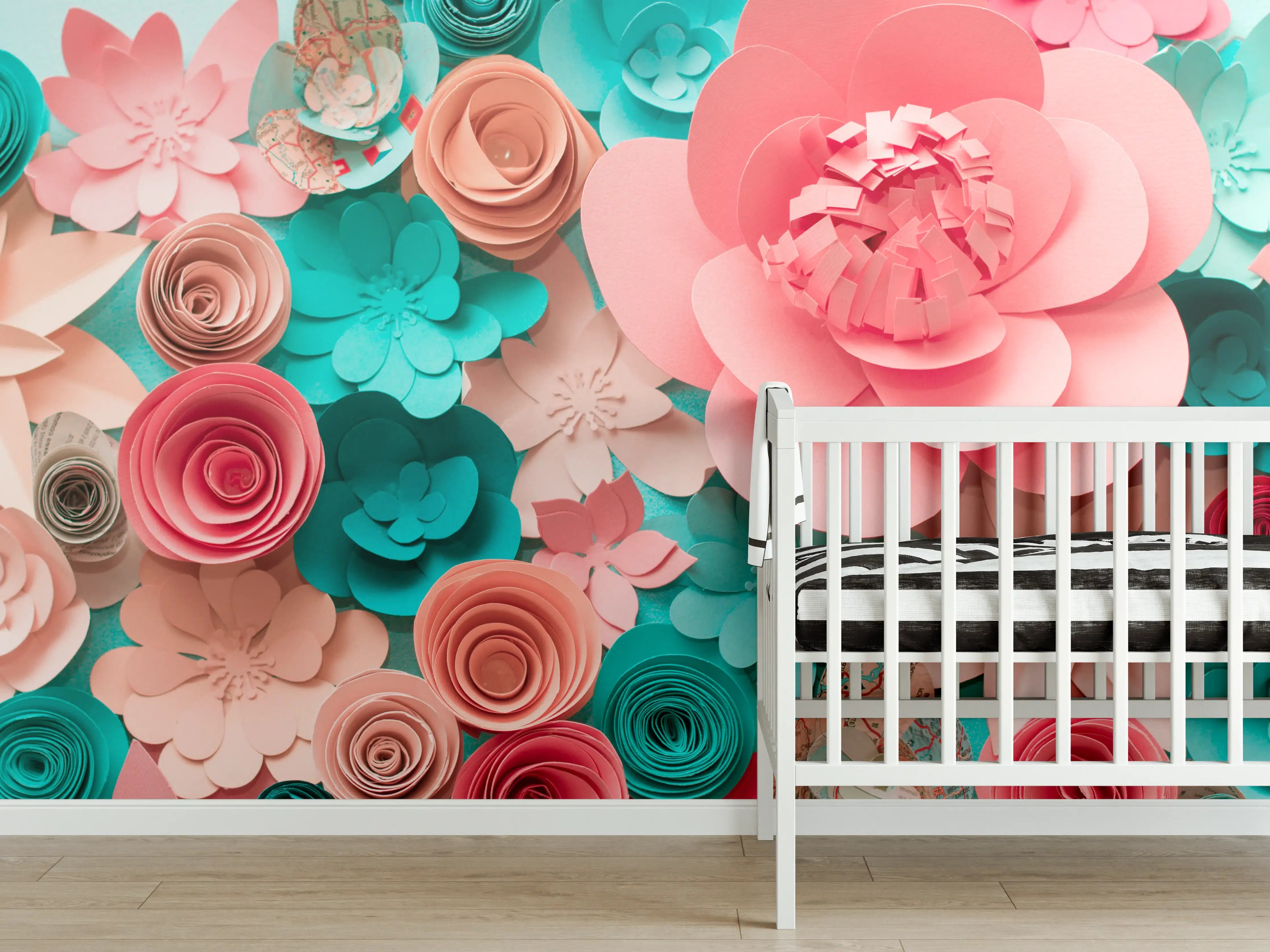 Babyzimmer Wandgestaltung - bunte Papier Blumen Komposition