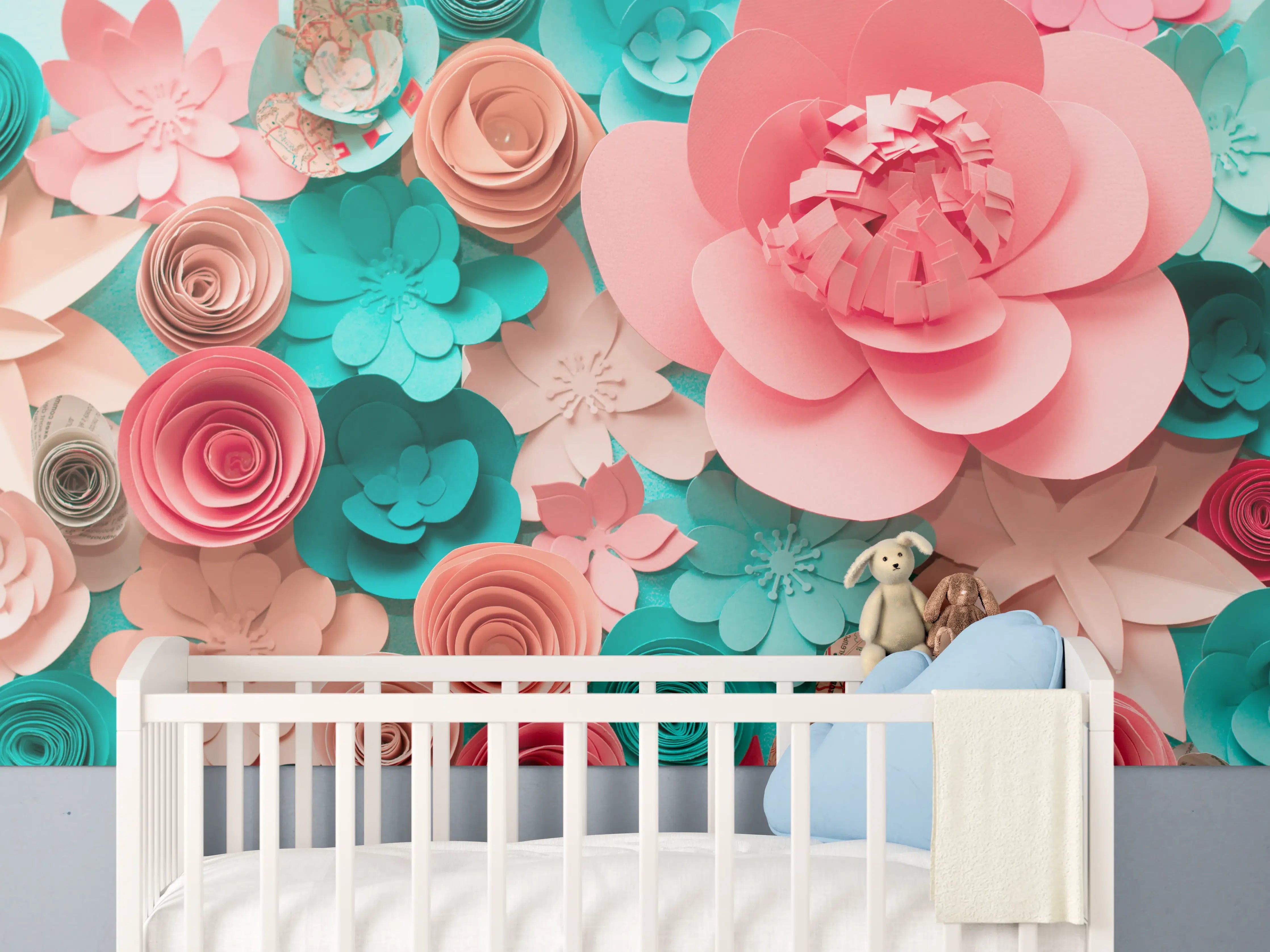 Babyzimmer Wandgestaltung - bunte Papier Blumen Komposition