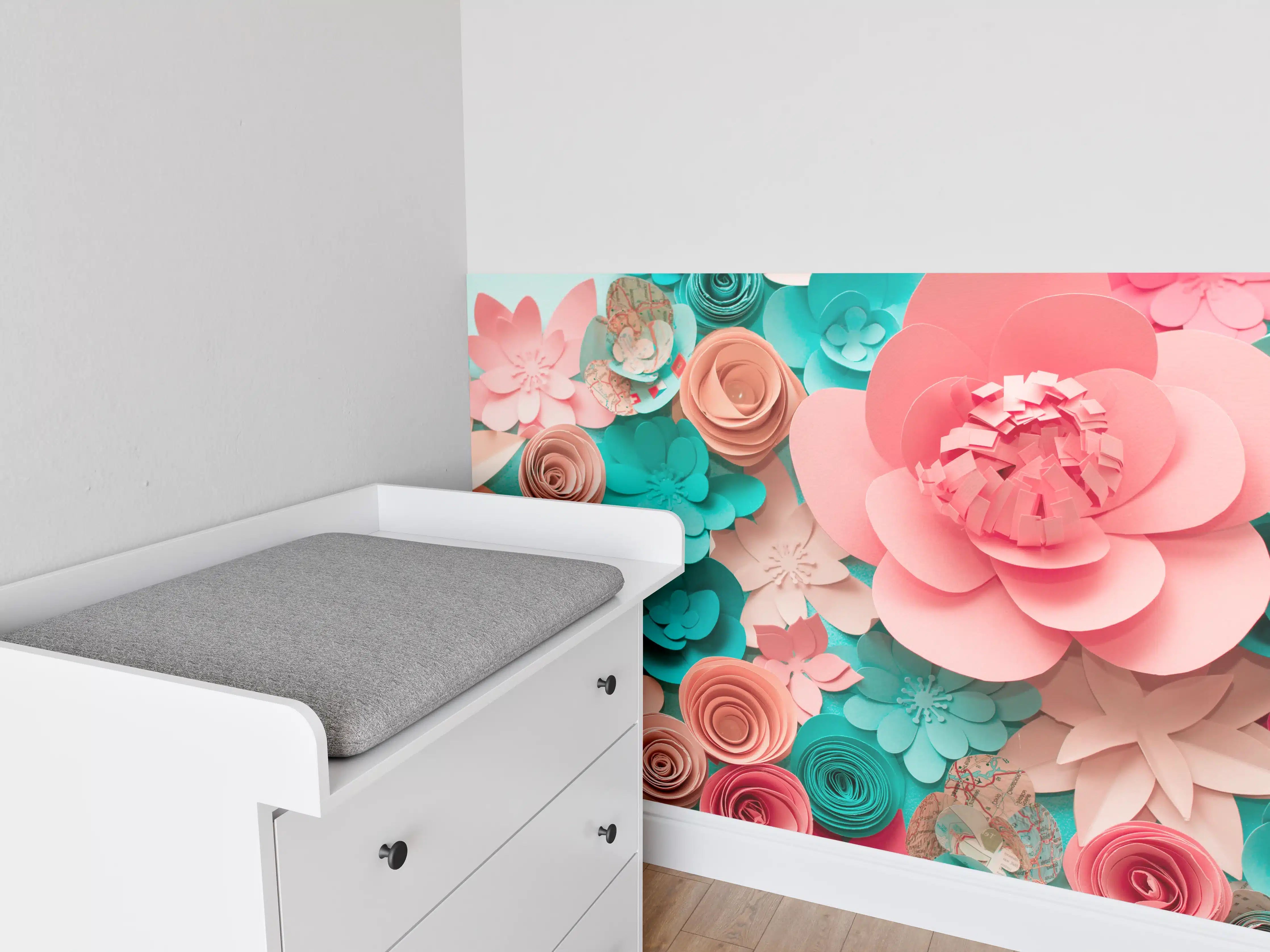 Babyzimmer Wandgestaltung - bunte Papier Blumen Komposition