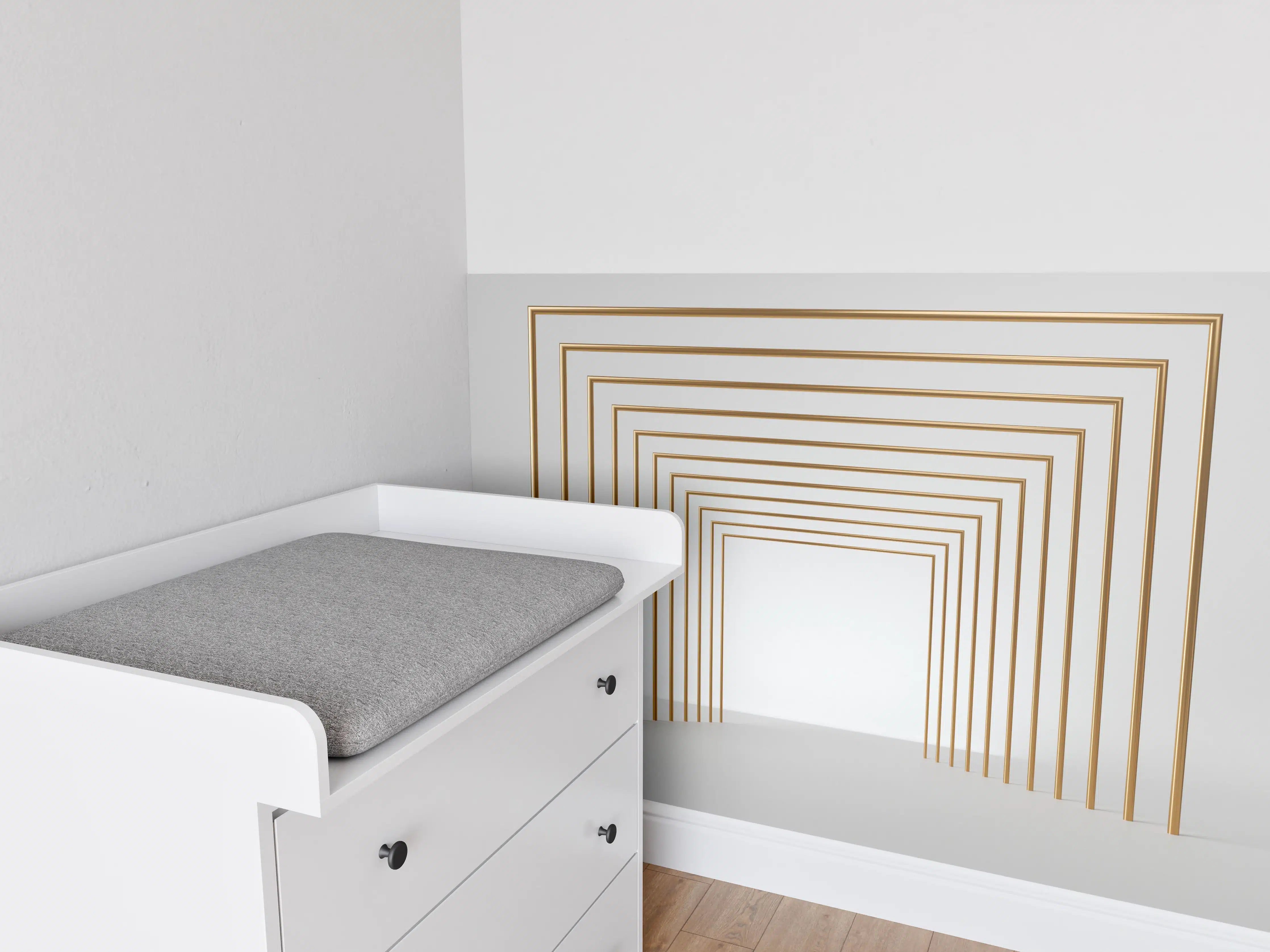 Babyzimmer Wandgestaltung - 3D-Design eines Tunnels mit vergoldeten Stangen