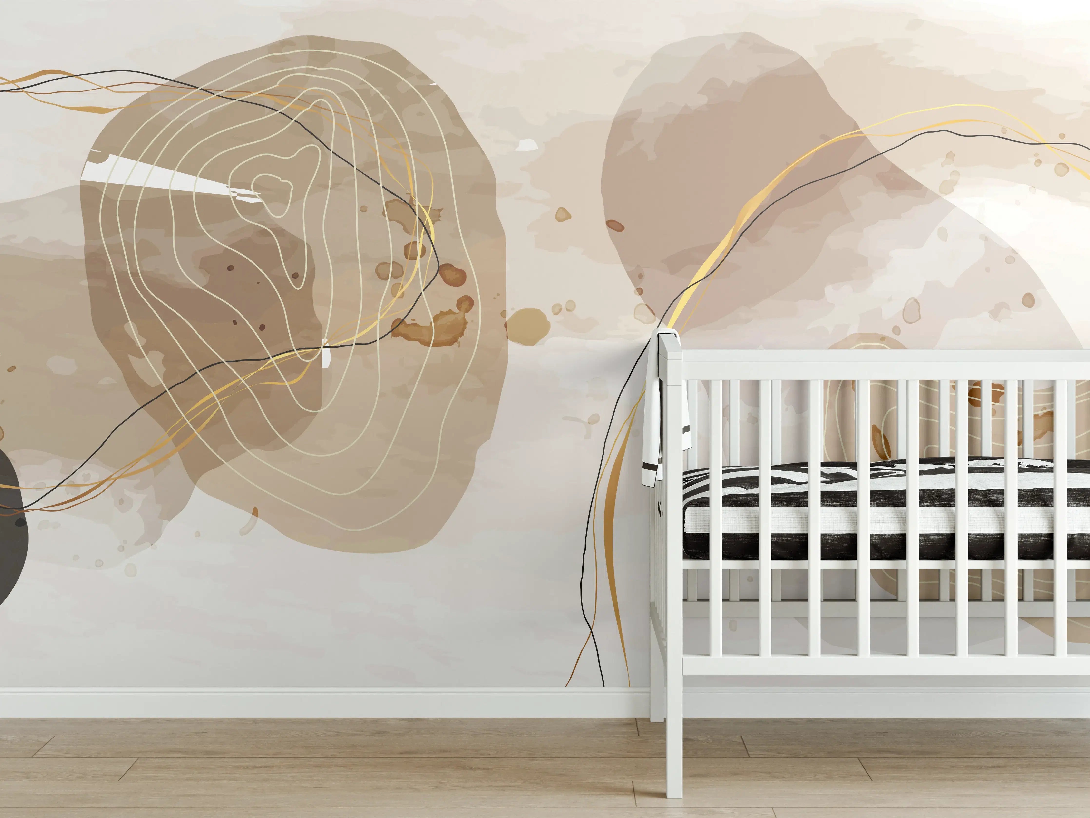 Babyzimmer Wandgestaltung - Abstrakte Beige-Braune Linienkunst