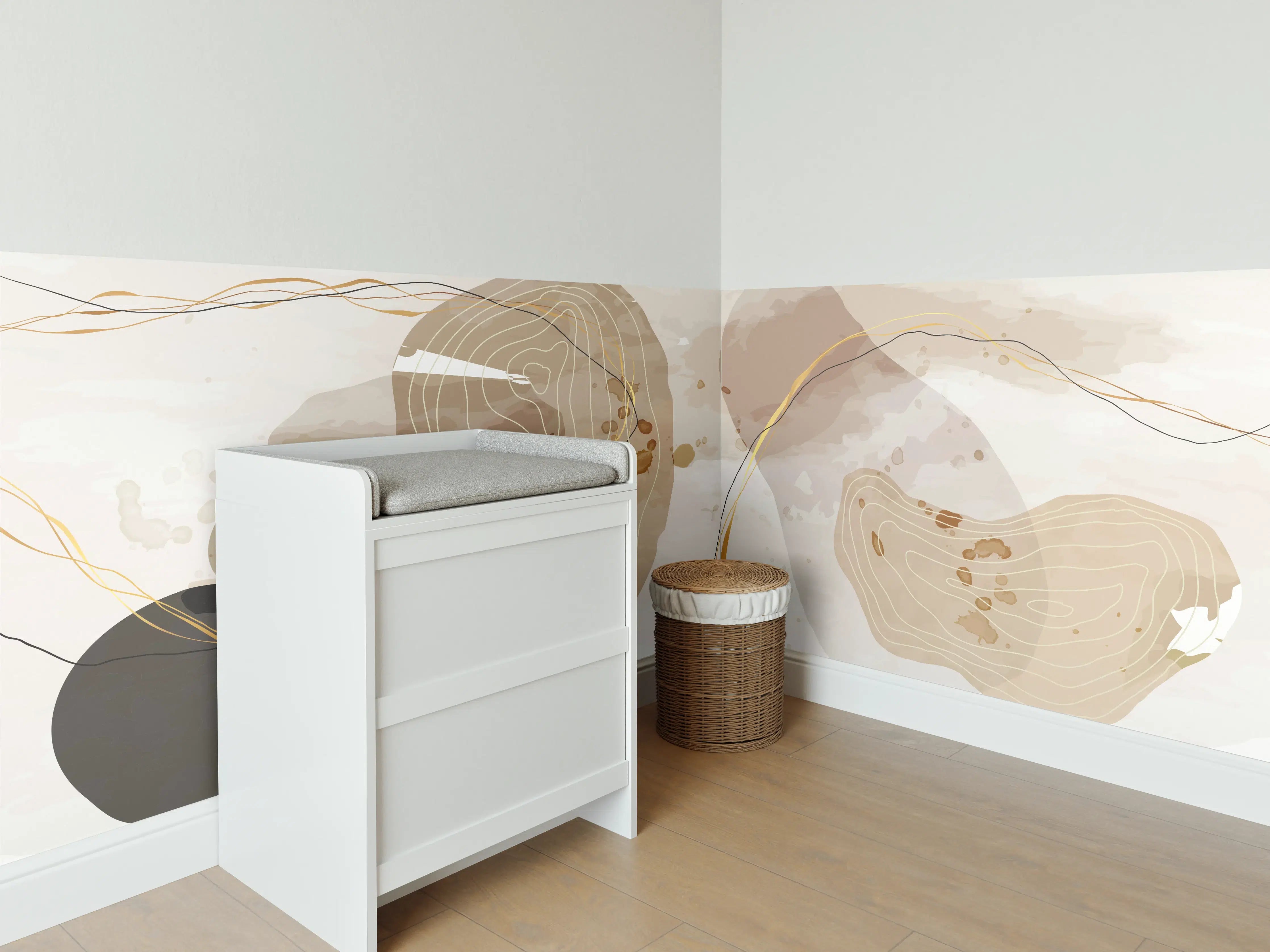 Babyzimmer Wandgestaltung - Abstrakte Beige-Braune Linienkunst