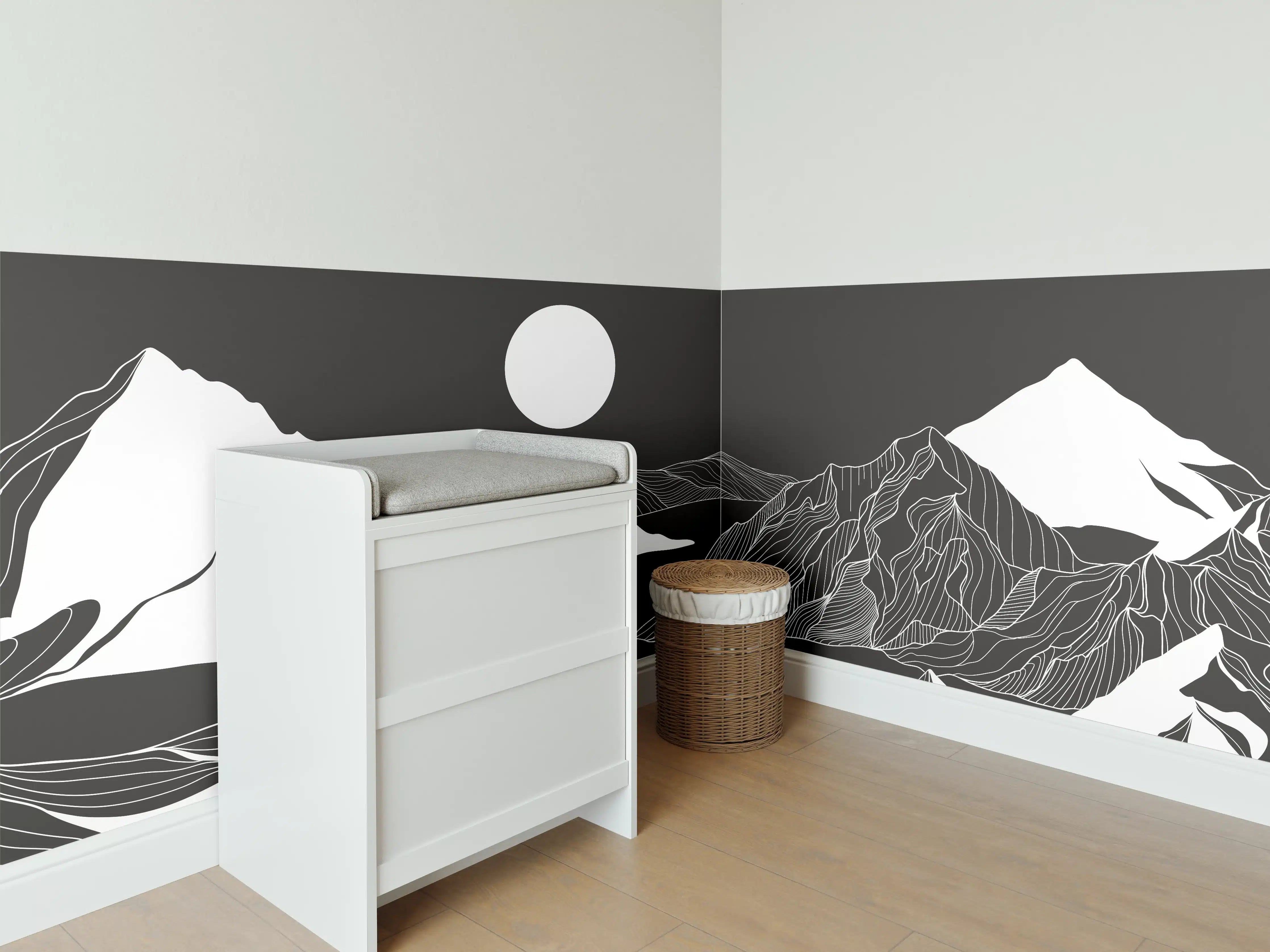 Babyzimmer Wandgestaltung - Abstrakte Berglandschaft in Monochrom