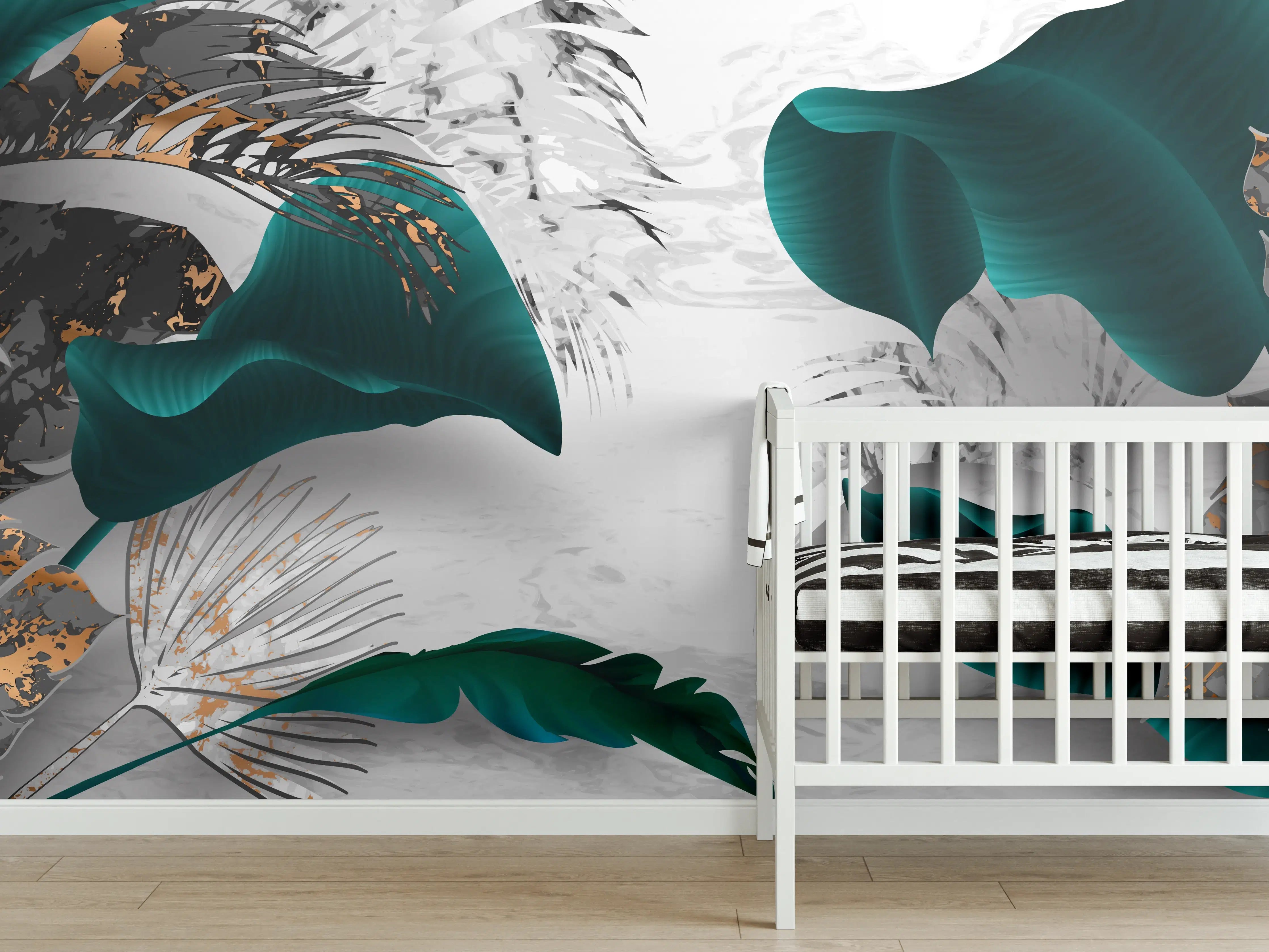 Babyzimmer Wandgestaltung - Abstrakte Blatt Gold Grau Kunst