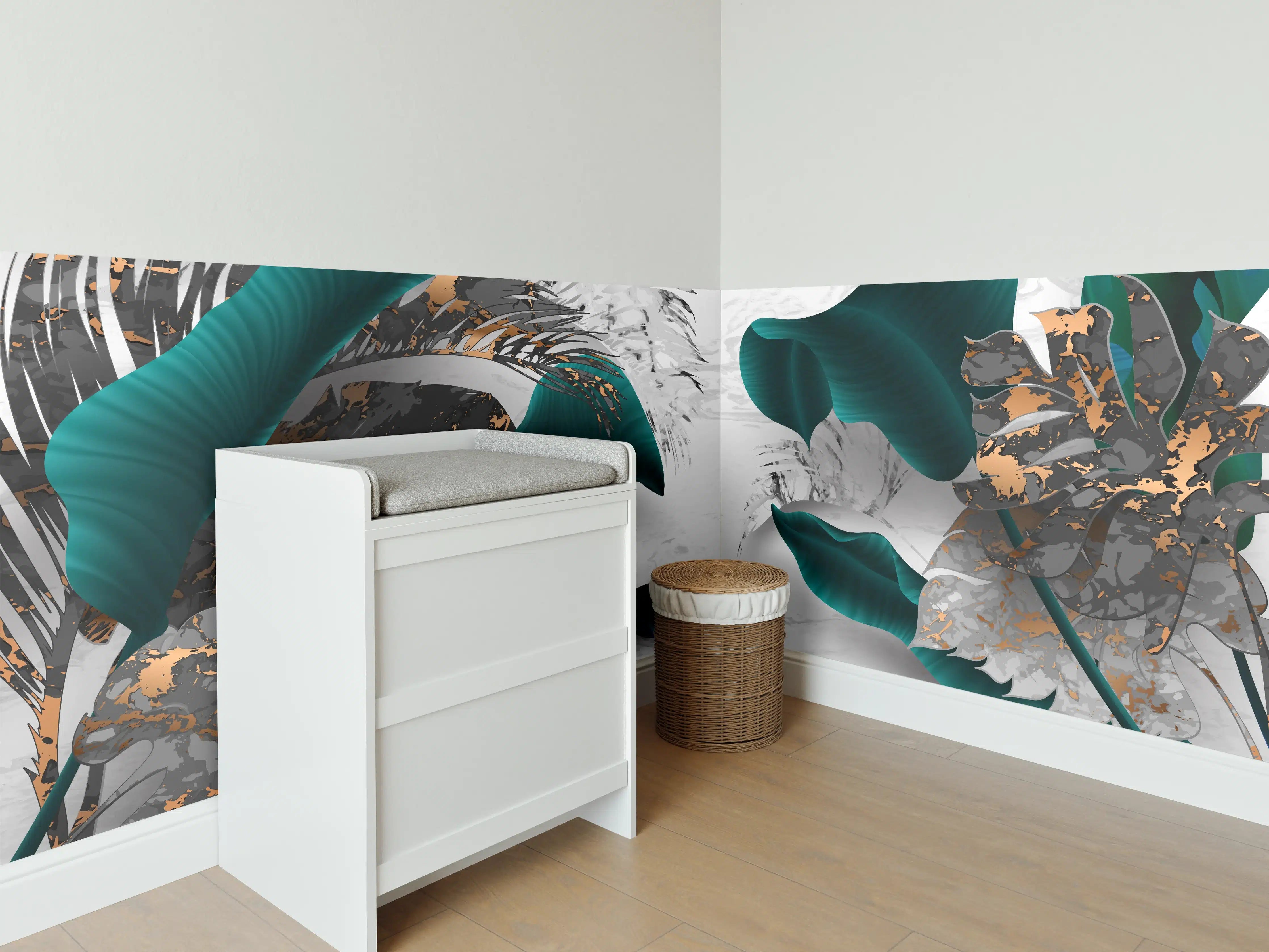 Babyzimmer Wandgestaltung - Abstrakte Blatt Gold Grau Kunst