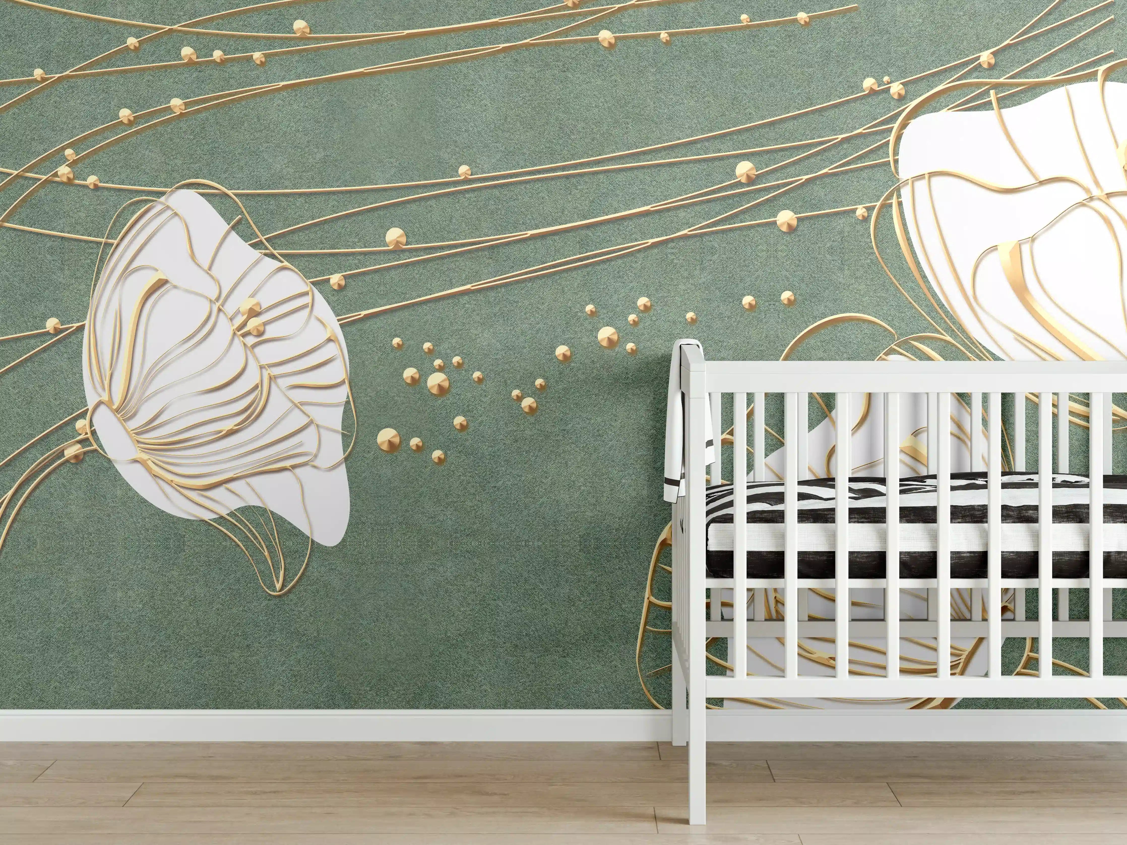 Babyzimmer Wandgestaltung - Abstrakte Blumen Beige Grün