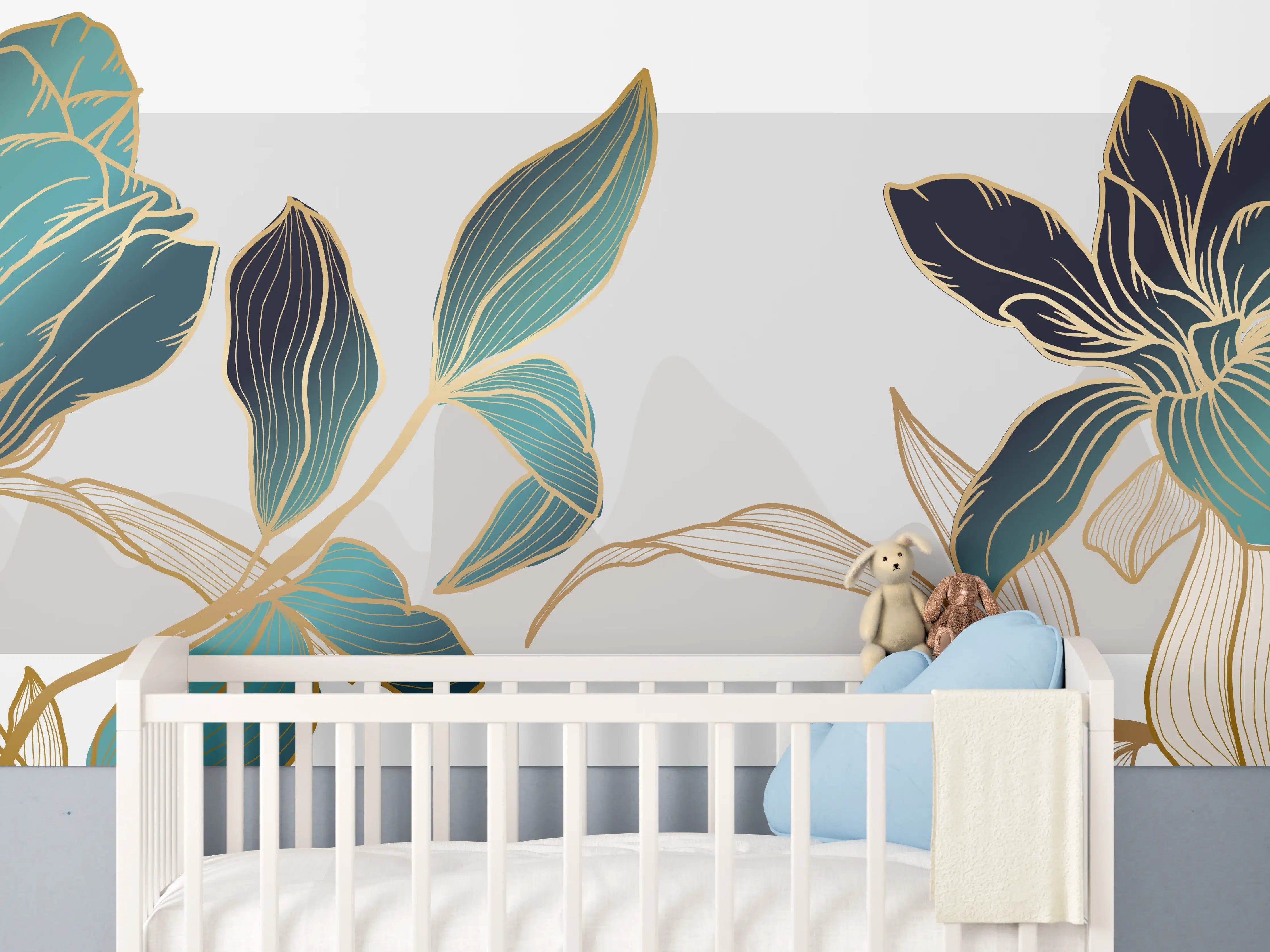 Babyzimmer Wandgestaltung - Abstrakte Blumen Gold-Blau Illustration