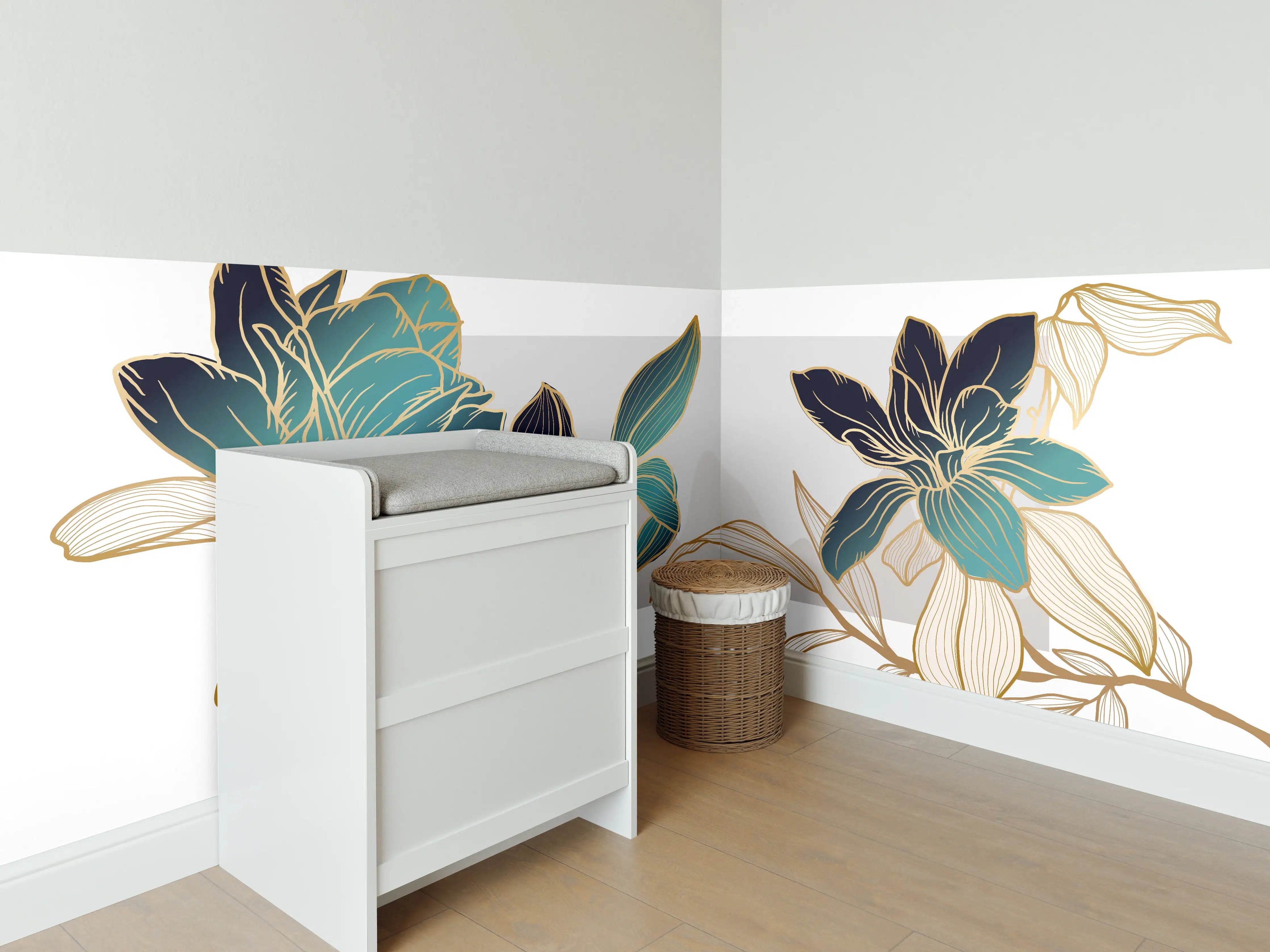 Babyzimmer Wandgestaltung - Abstrakte Blumen Gold-Blau Illustration
