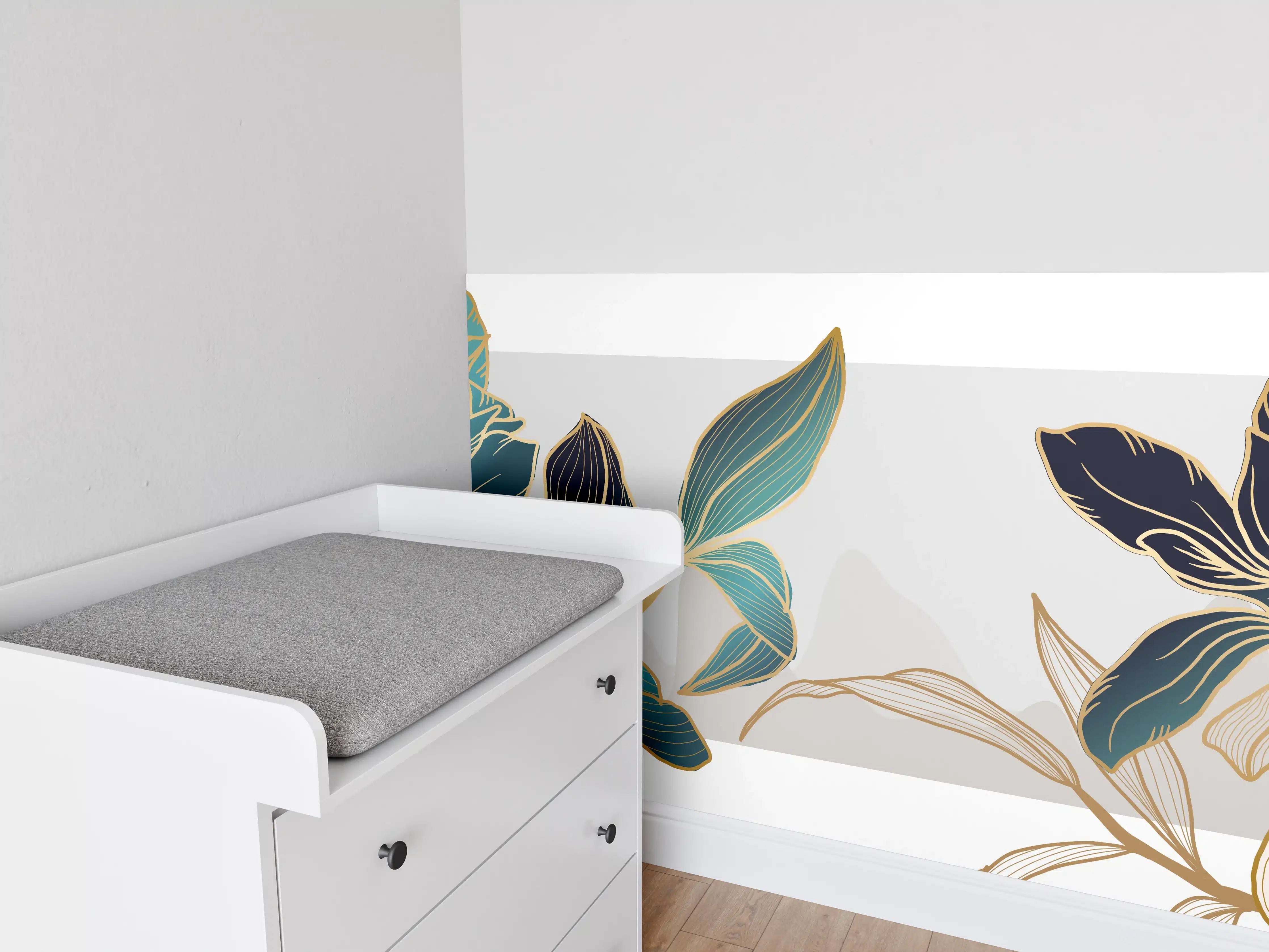Babyzimmer Wandgestaltung - Abstrakte Blumen Gold-Blau Illustration