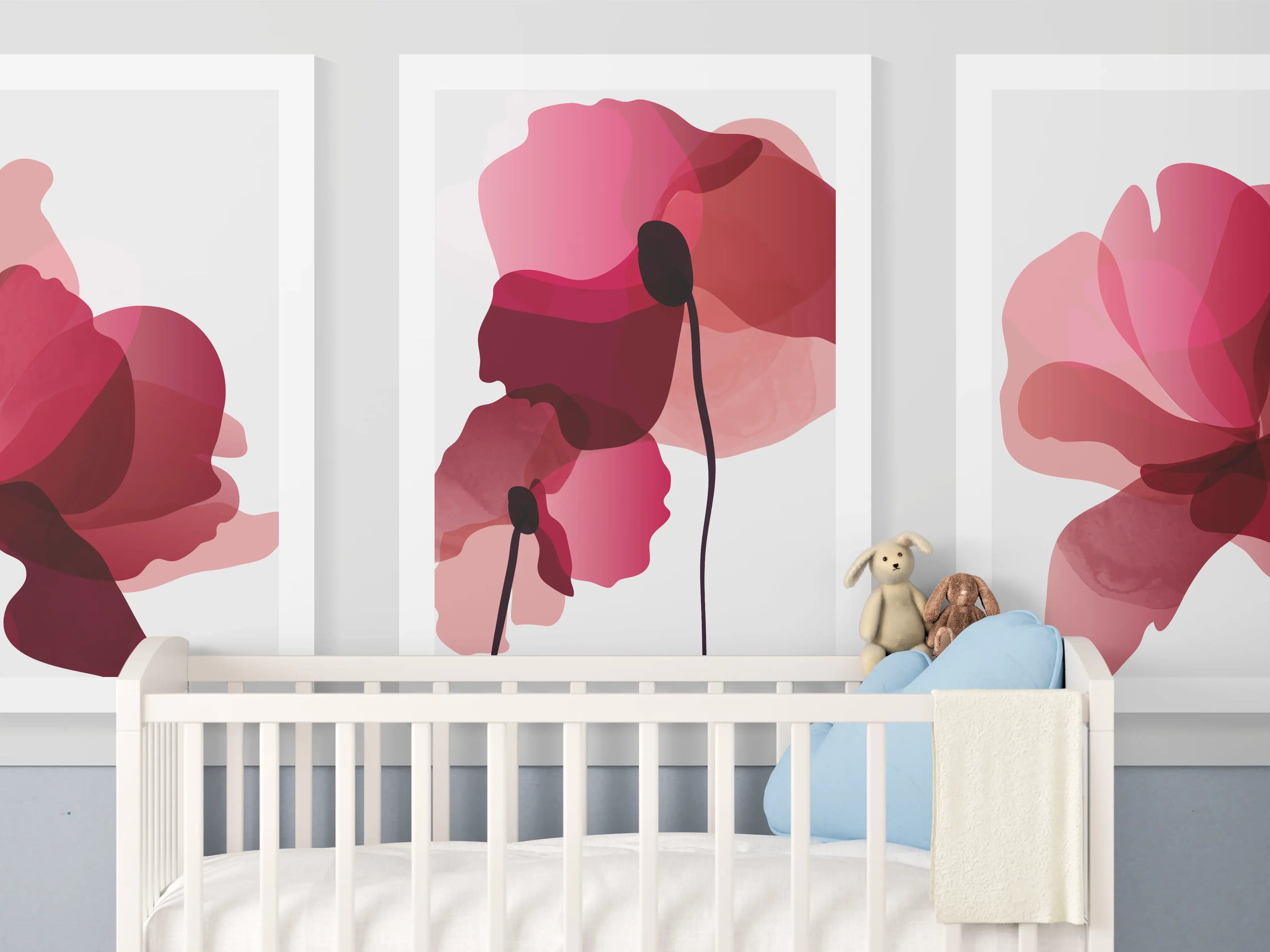 Babyzimmer Wandgestaltung - Abstrakte Blumen Triptychon Rot