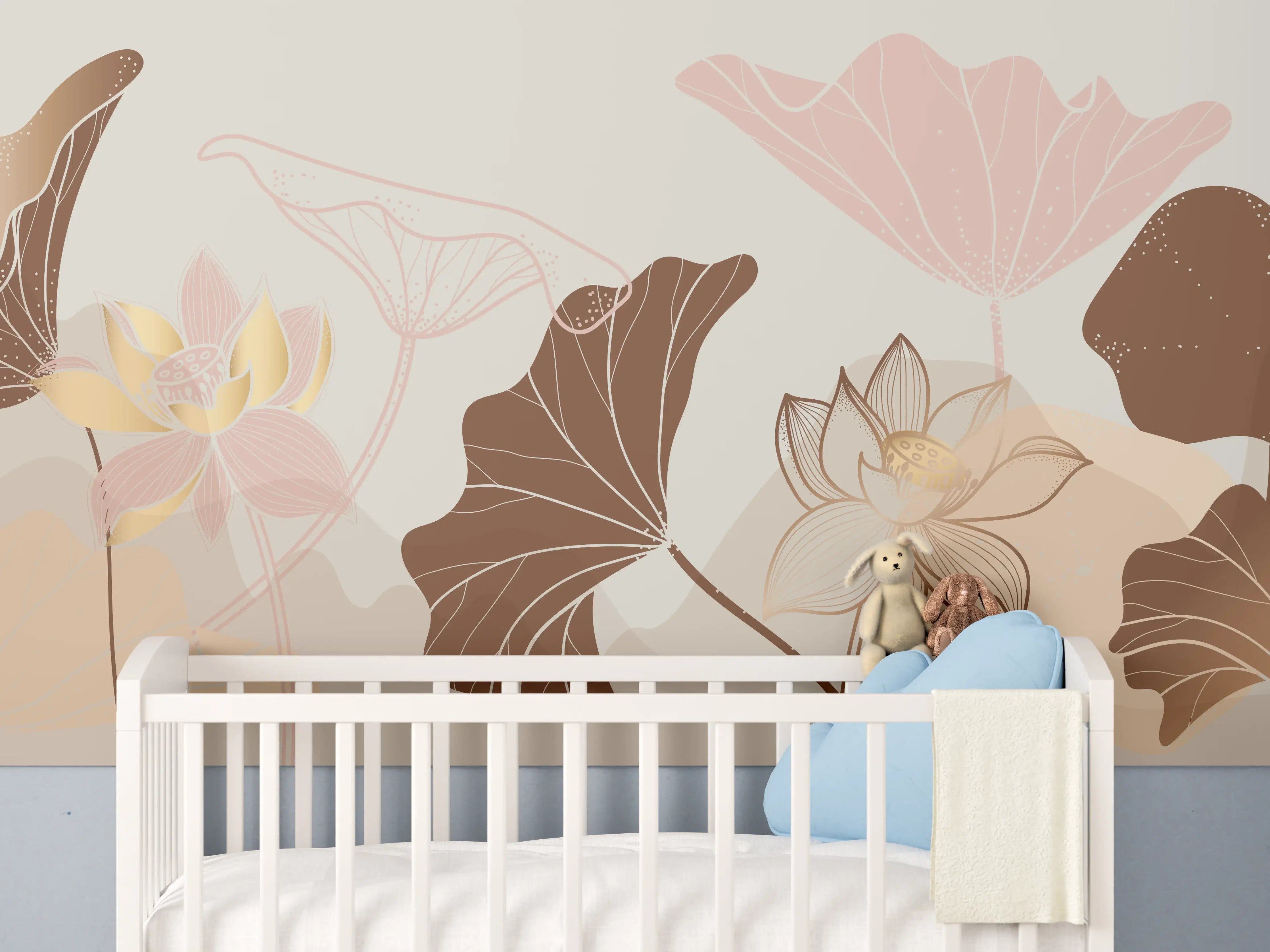 Babyzimmer Wandgestaltung - Abstrakte Blumen Zeichnung Beige