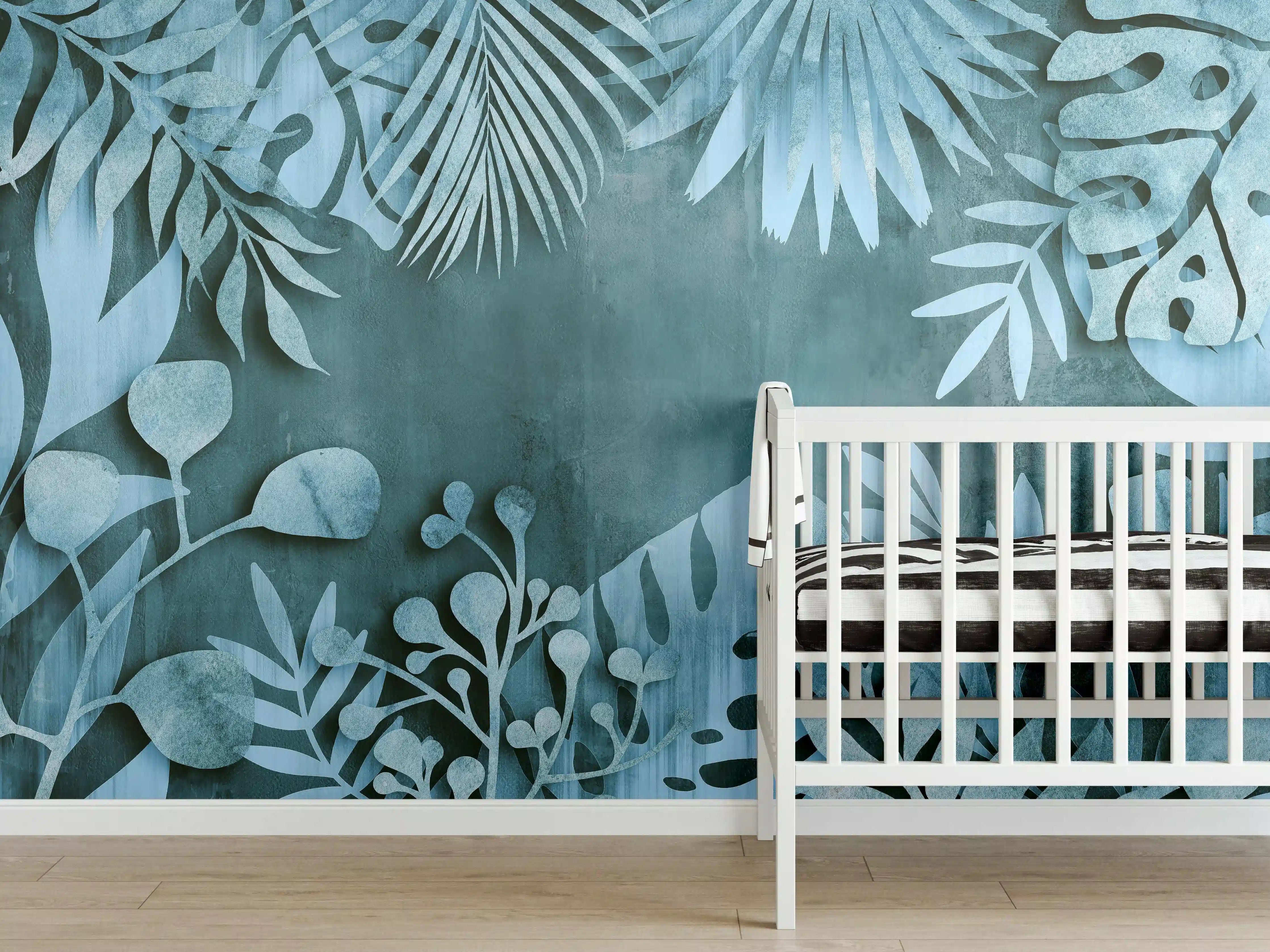 Babyzimmer Wandgestaltung - Abstrakte Botanik in Blau-Türkis