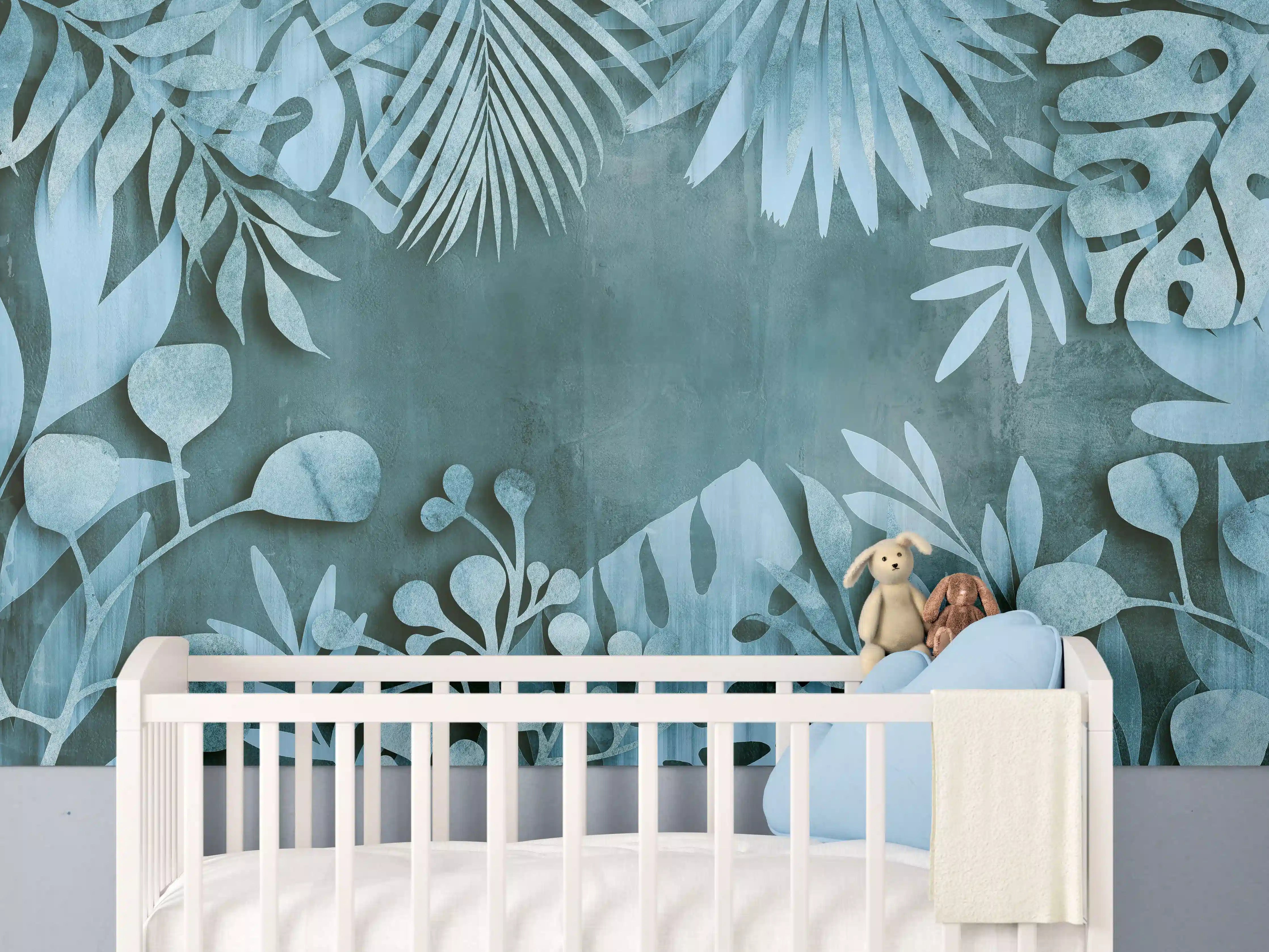 Babyzimmer Wandgestaltung - Abstrakte Botanik in Blau-Türkis