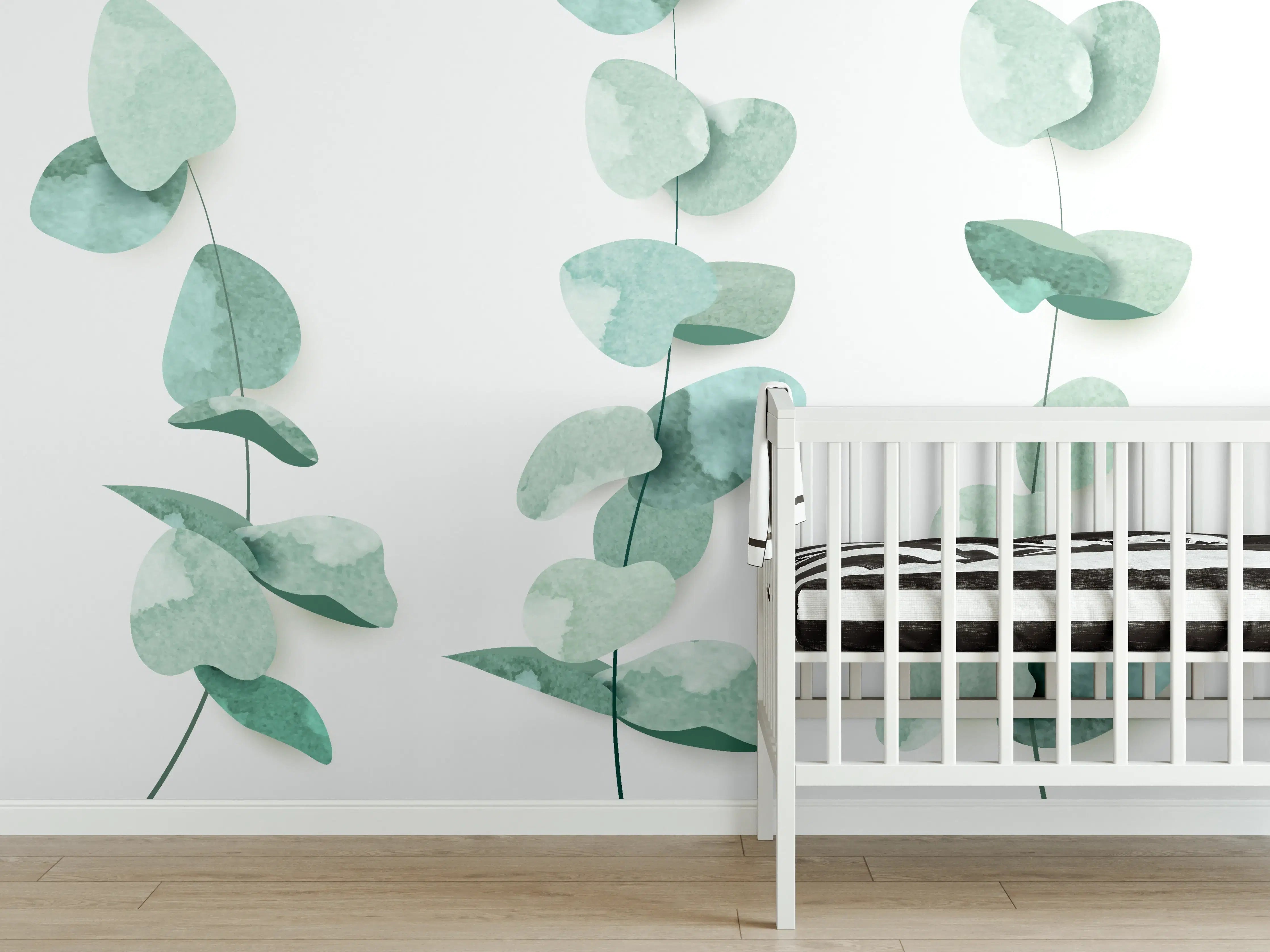Babyzimmer Wandgestaltung - Abstrakte Eukalyptus Aquarell Kunst