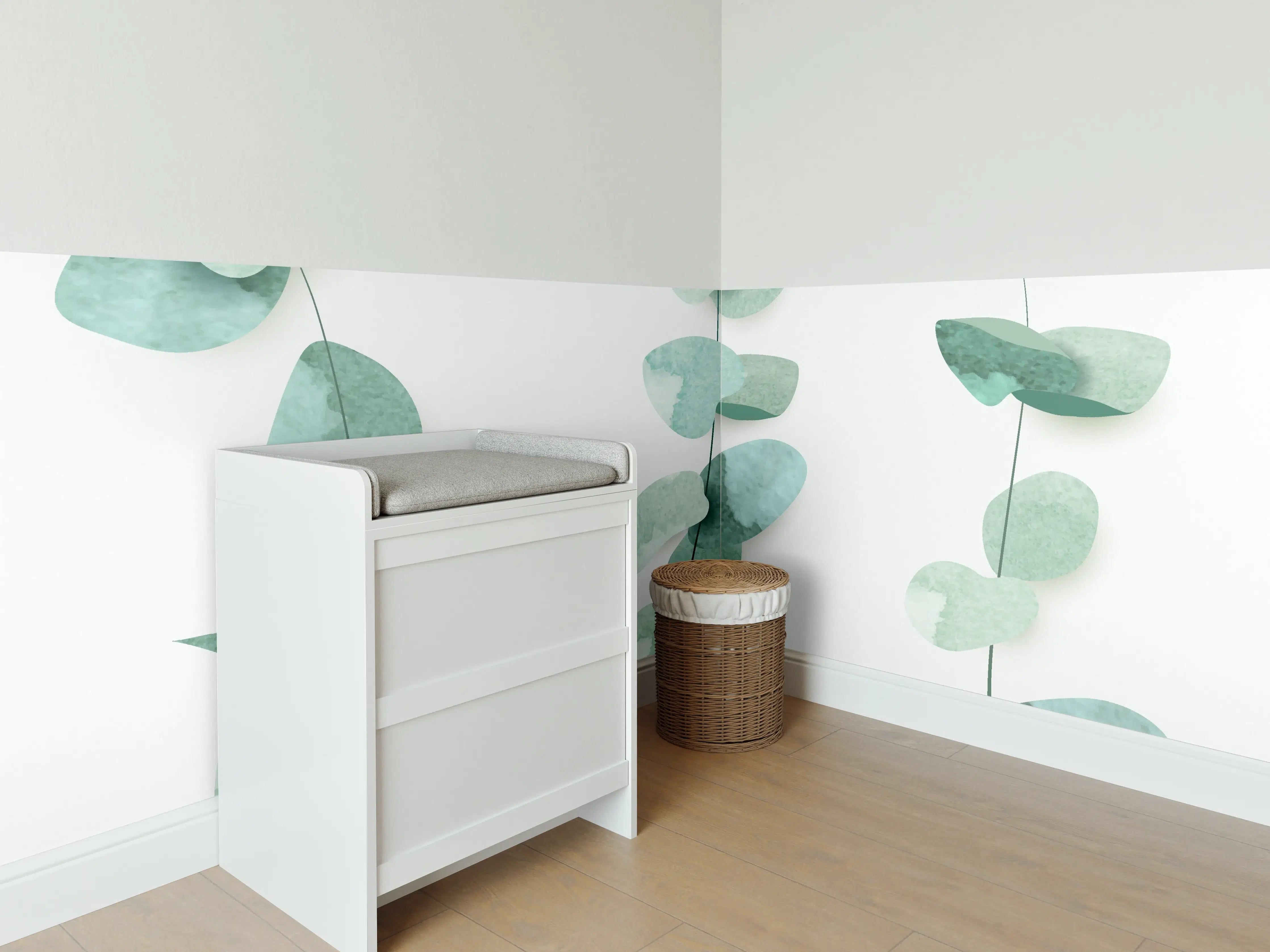 Babyzimmer Wandgestaltung - Abstrakte Eukalyptus Aquarell Kunst