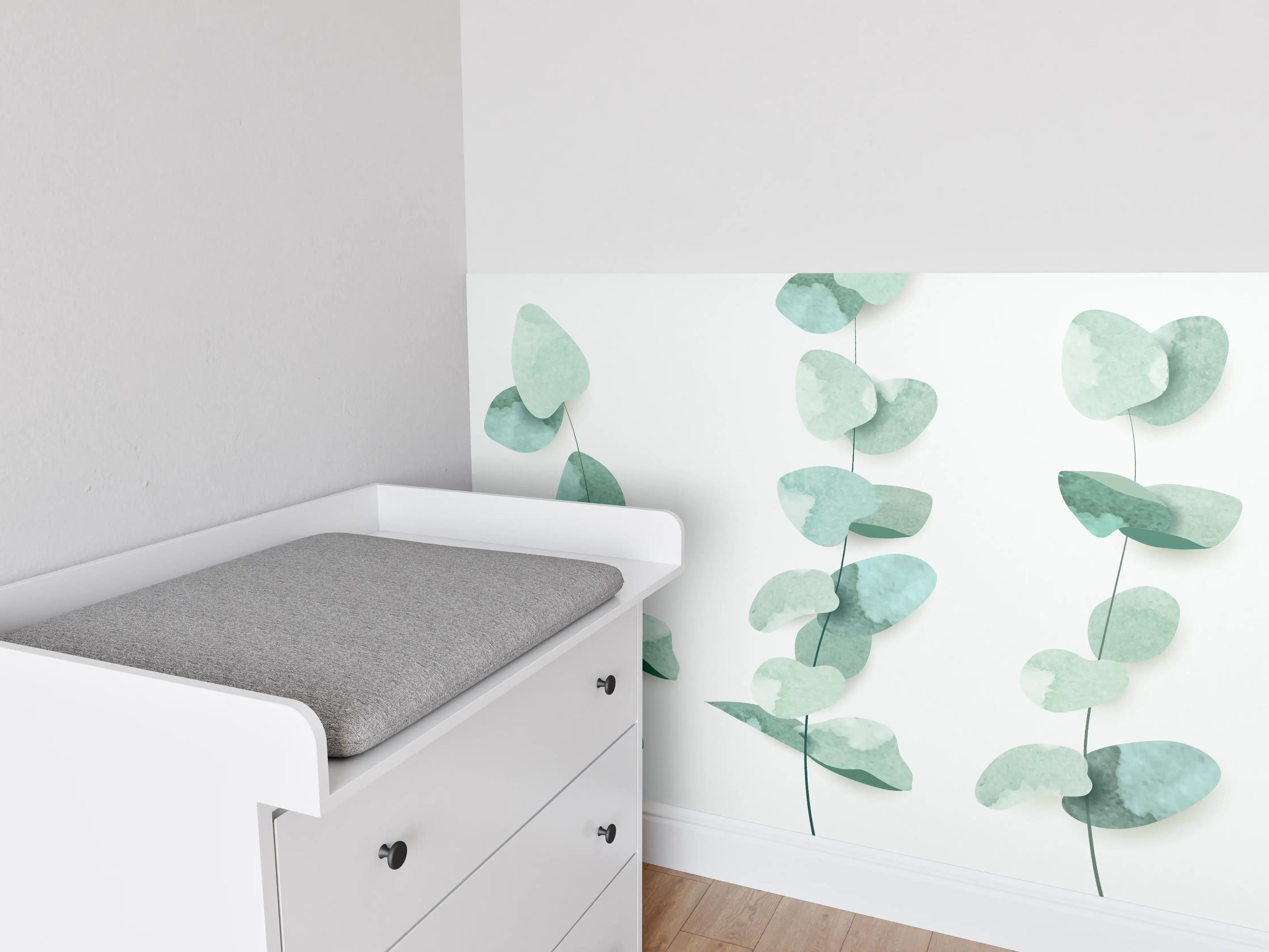 Babyzimmer Wandgestaltung - Abstrakte Eukalyptus Aquarell Kunst