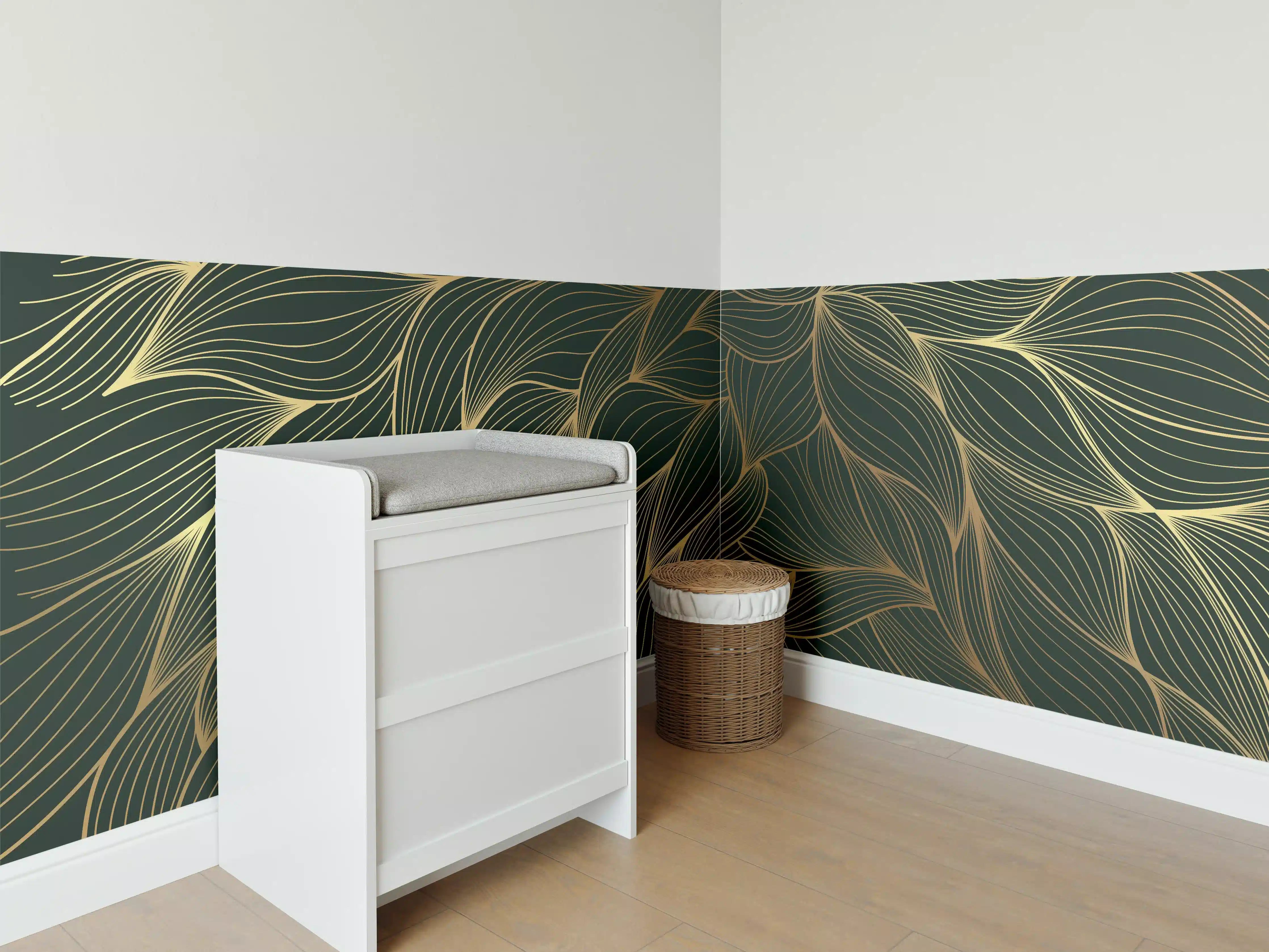 Babyzimmer Wandgestaltung - Abstrakte Gold-Grün-Wellenmuster