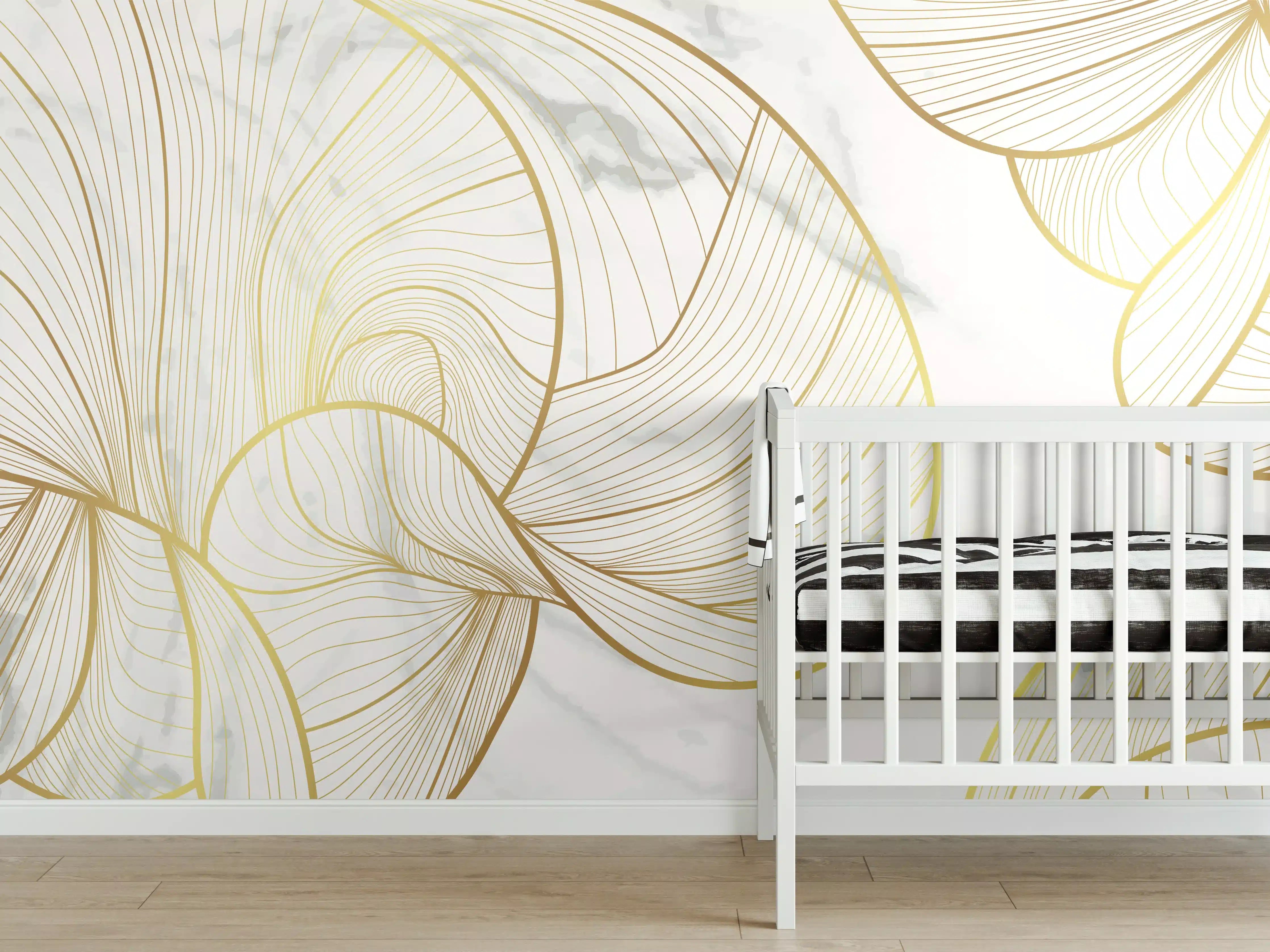 Babyzimmer Wandgestaltung - Abstrakte Gold-Linien auf Weiß