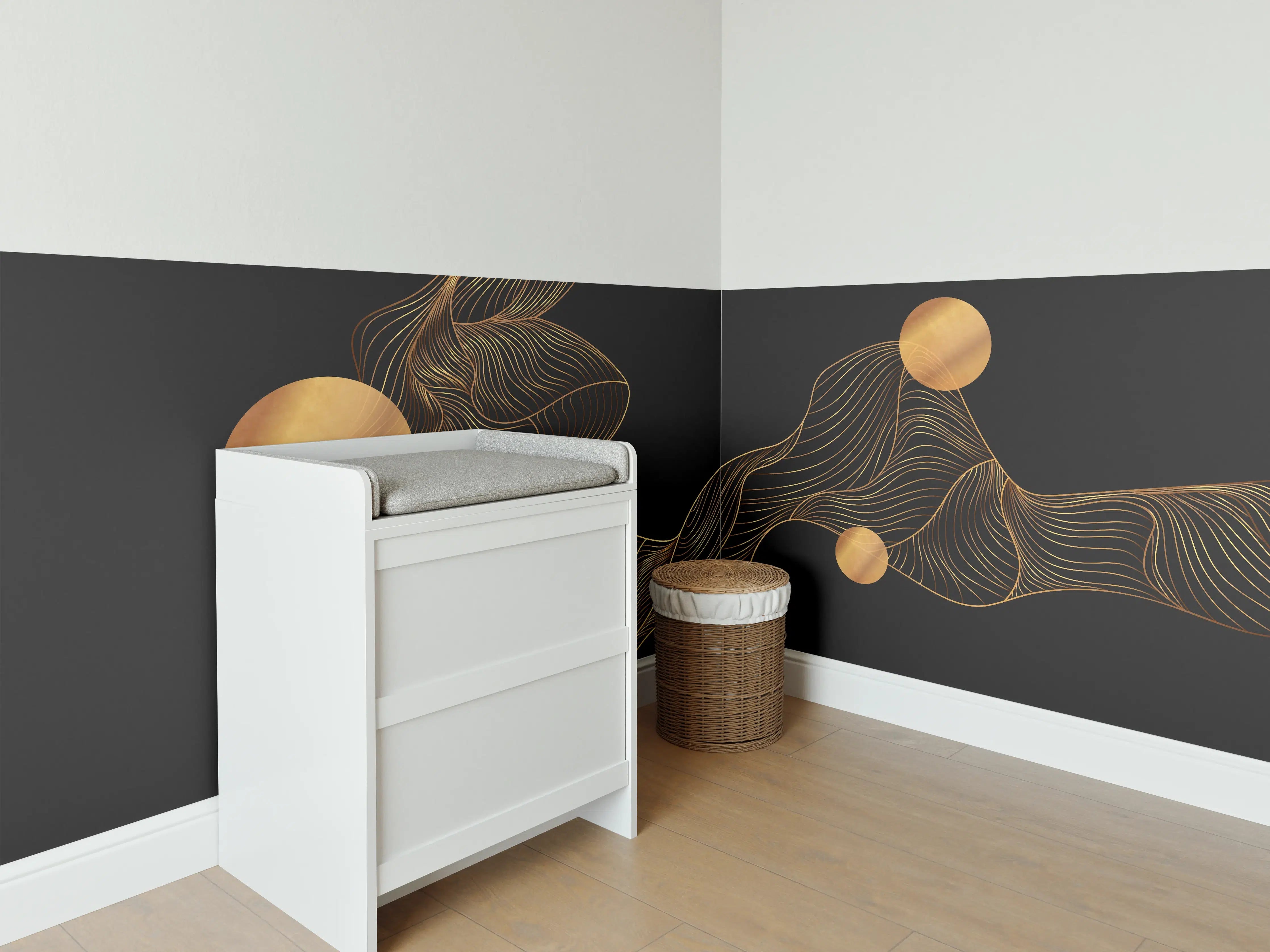Babyzimmer Wandgestaltung - Abstrakte Gold-Schwarz Linienkunst