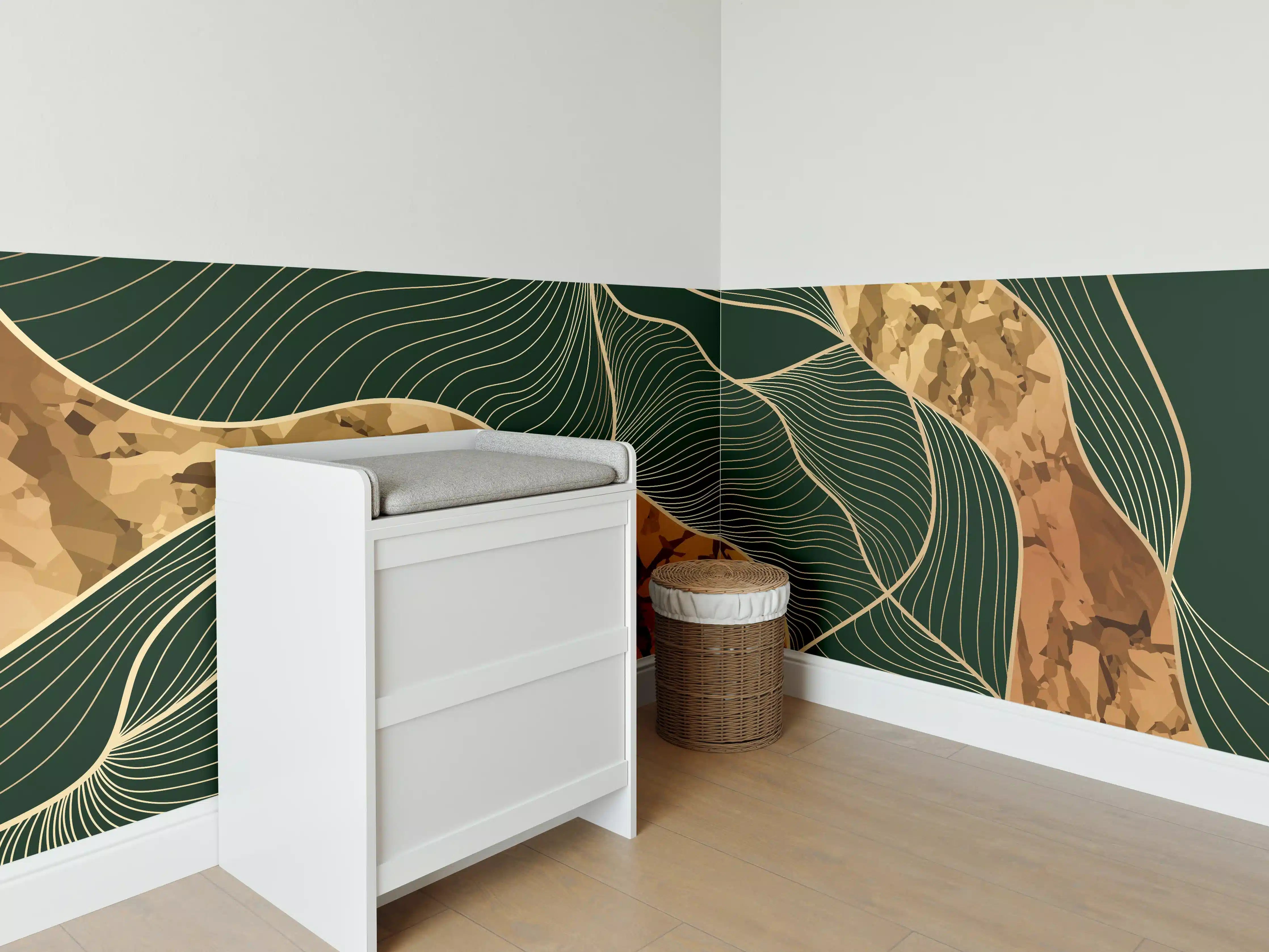 Babyzimmer Wandgestaltung - Abstrakte Goldgrün Konturlinien