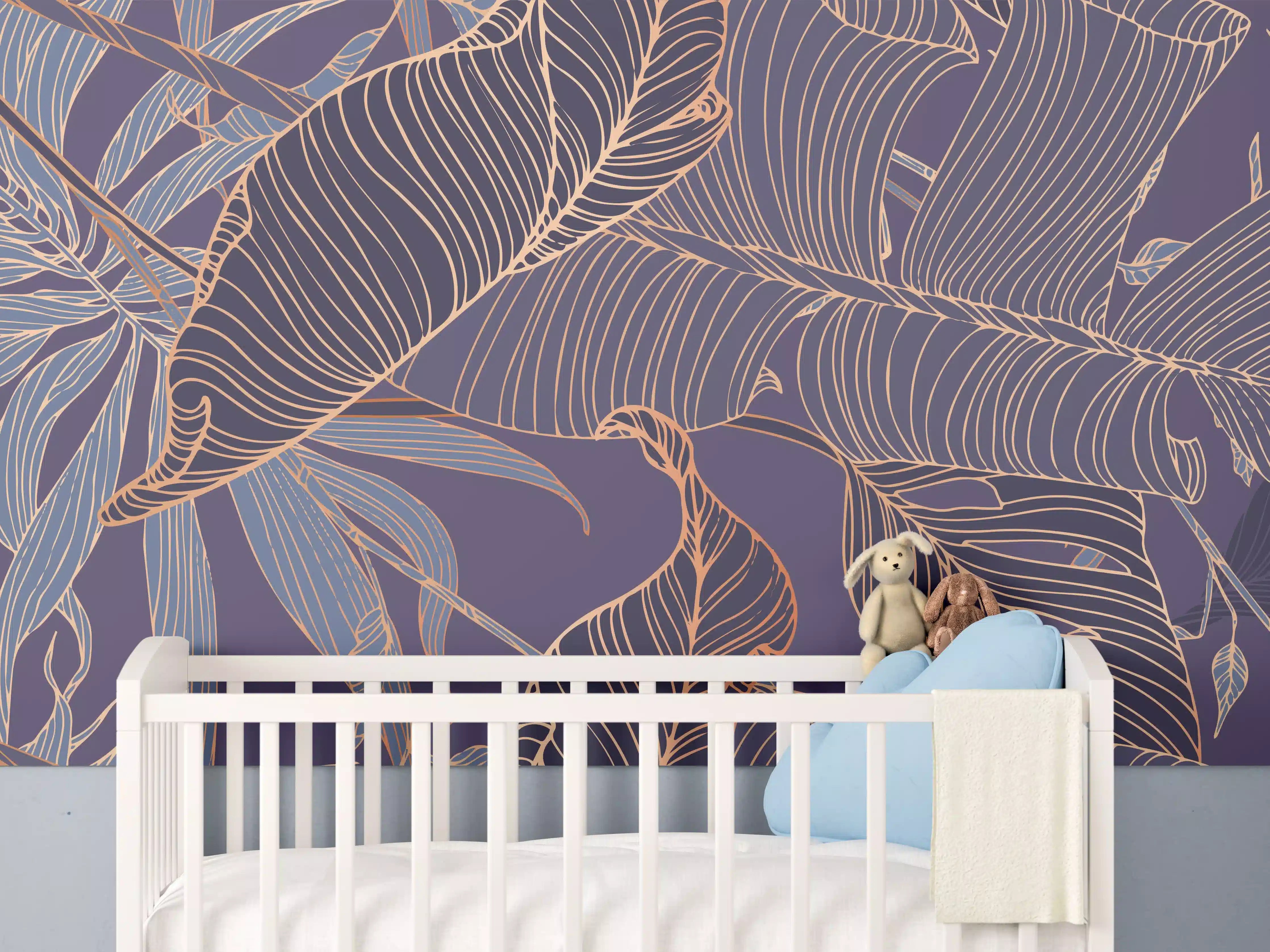 Babyzimmer Wandgestaltung - Abstrakte Lila-Goldene Blattmuster