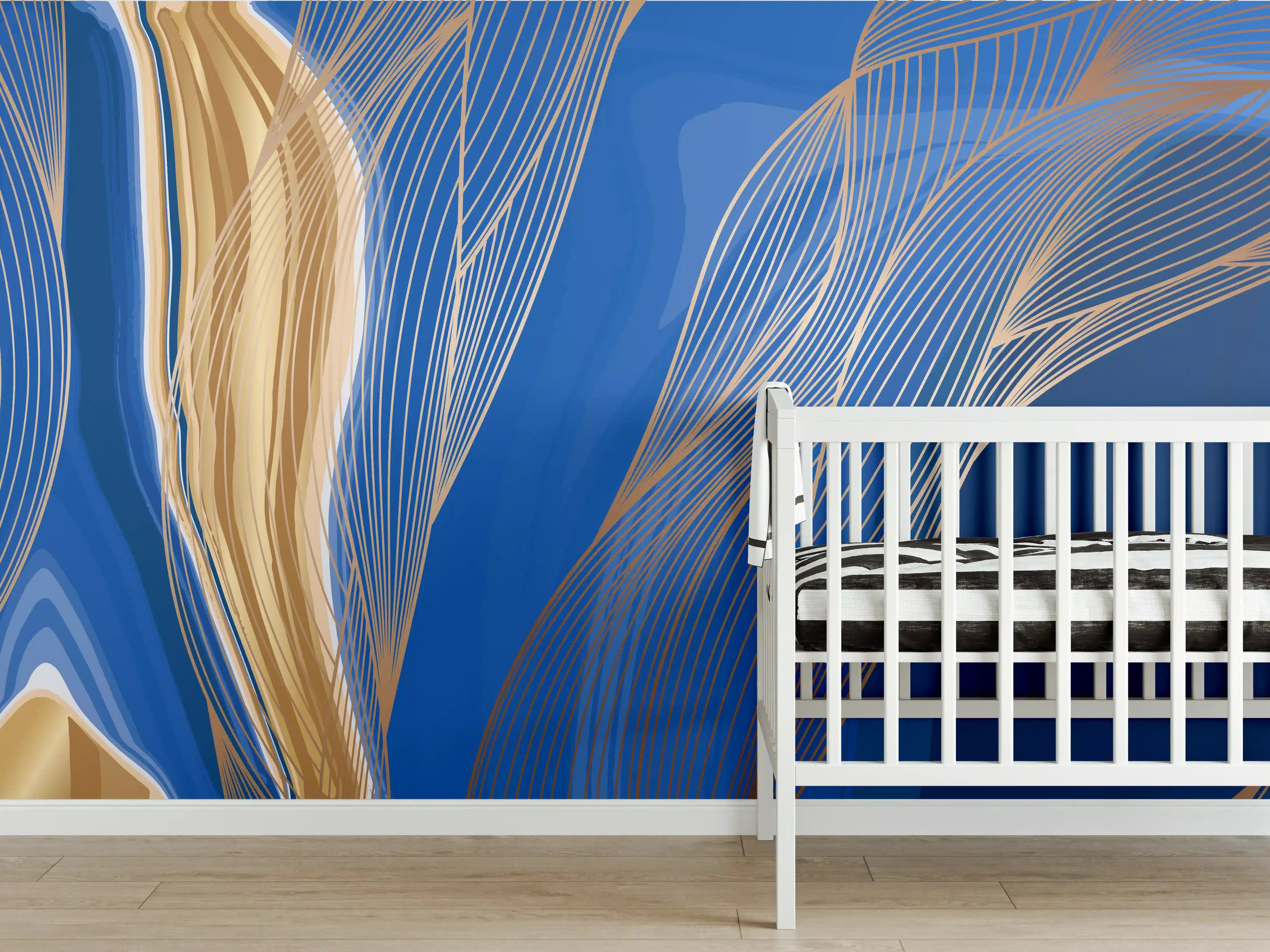 Babyzimmer Wandgestaltung - Abstrakte Linienkunst in Blau-Gold