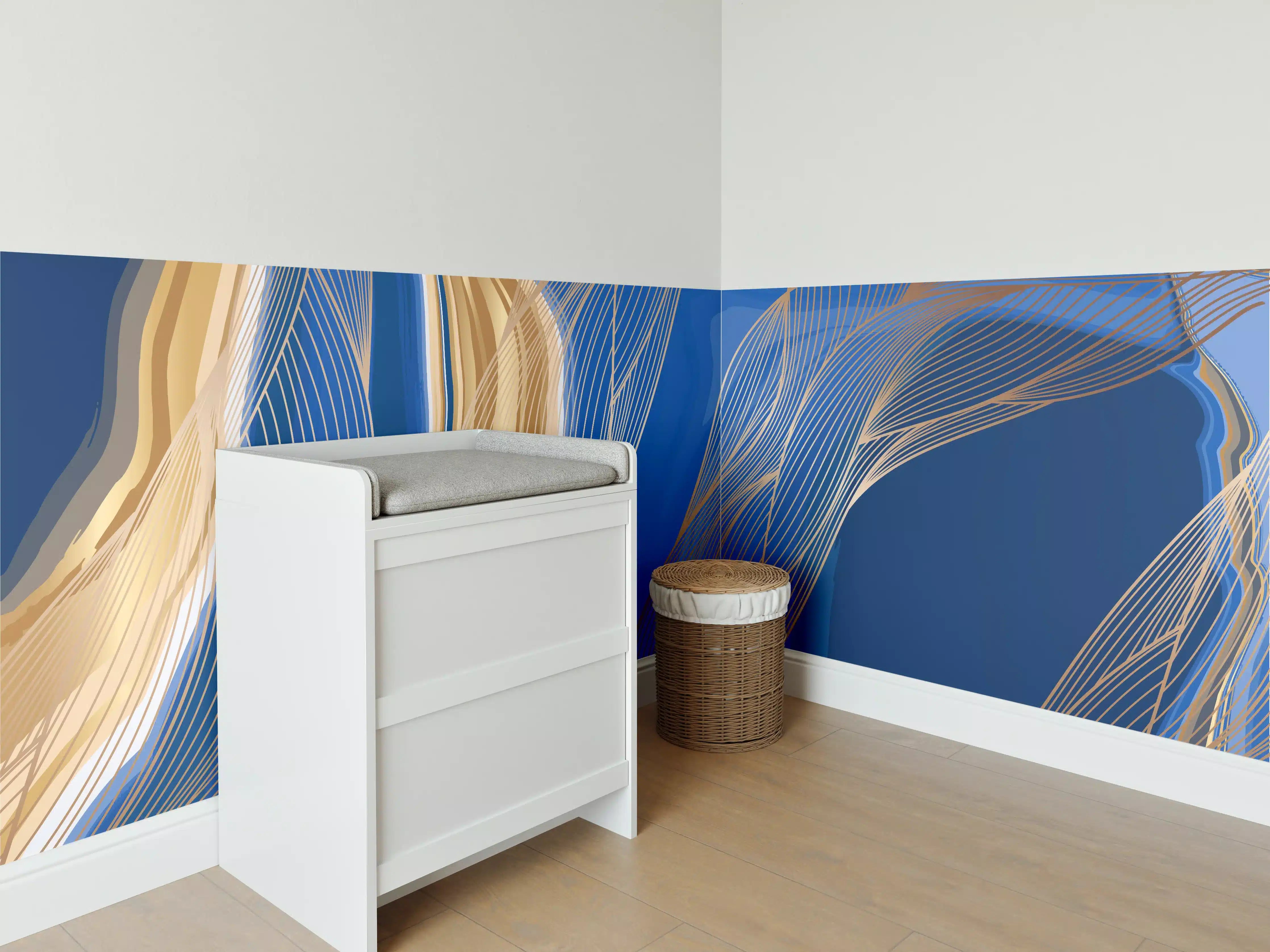 Babyzimmer Wandgestaltung - Abstrakte Linienkunst in Blau-Gold