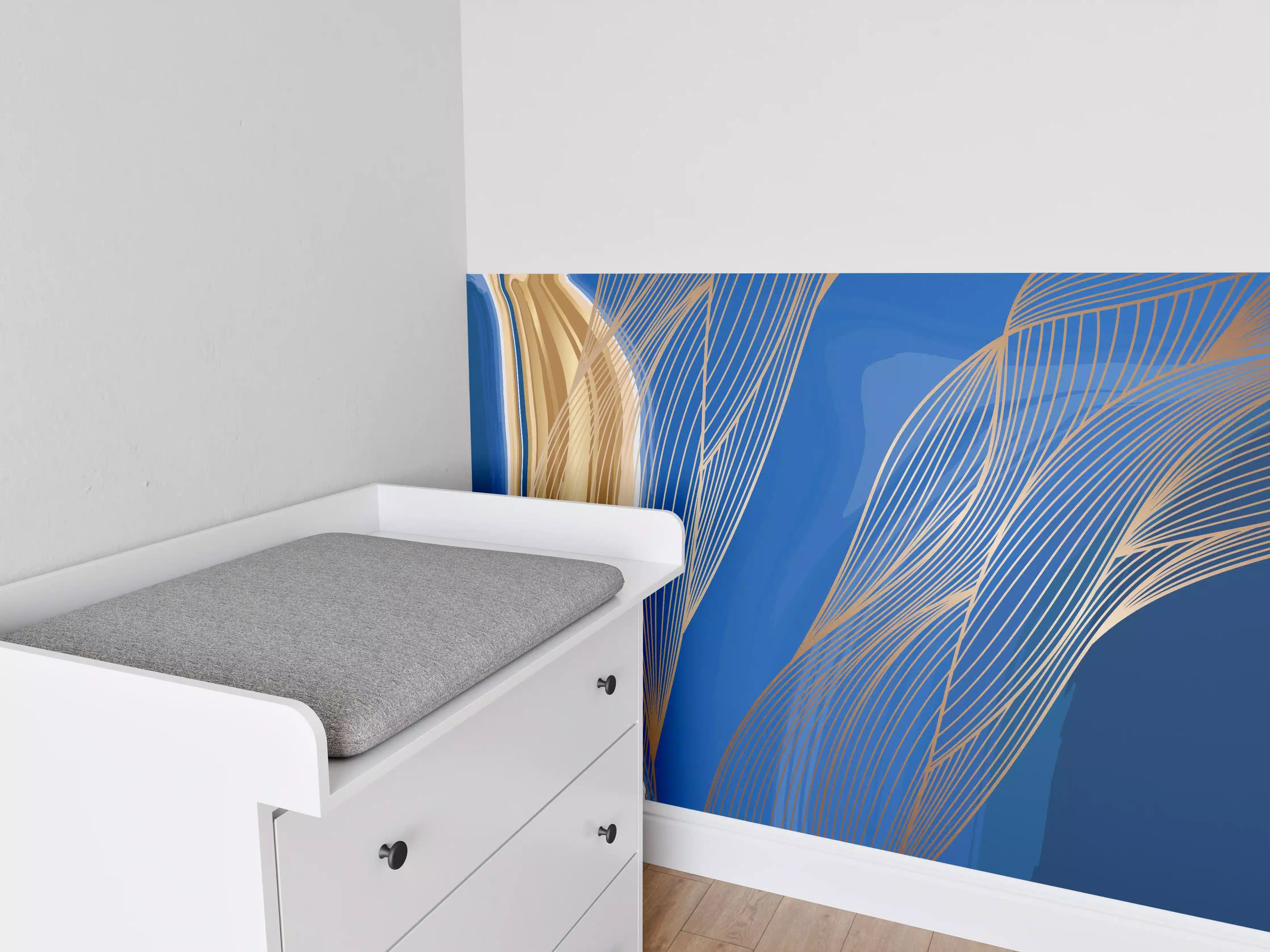 Babyzimmer Wandgestaltung - Abstrakte Linienkunst in Blau-Gold