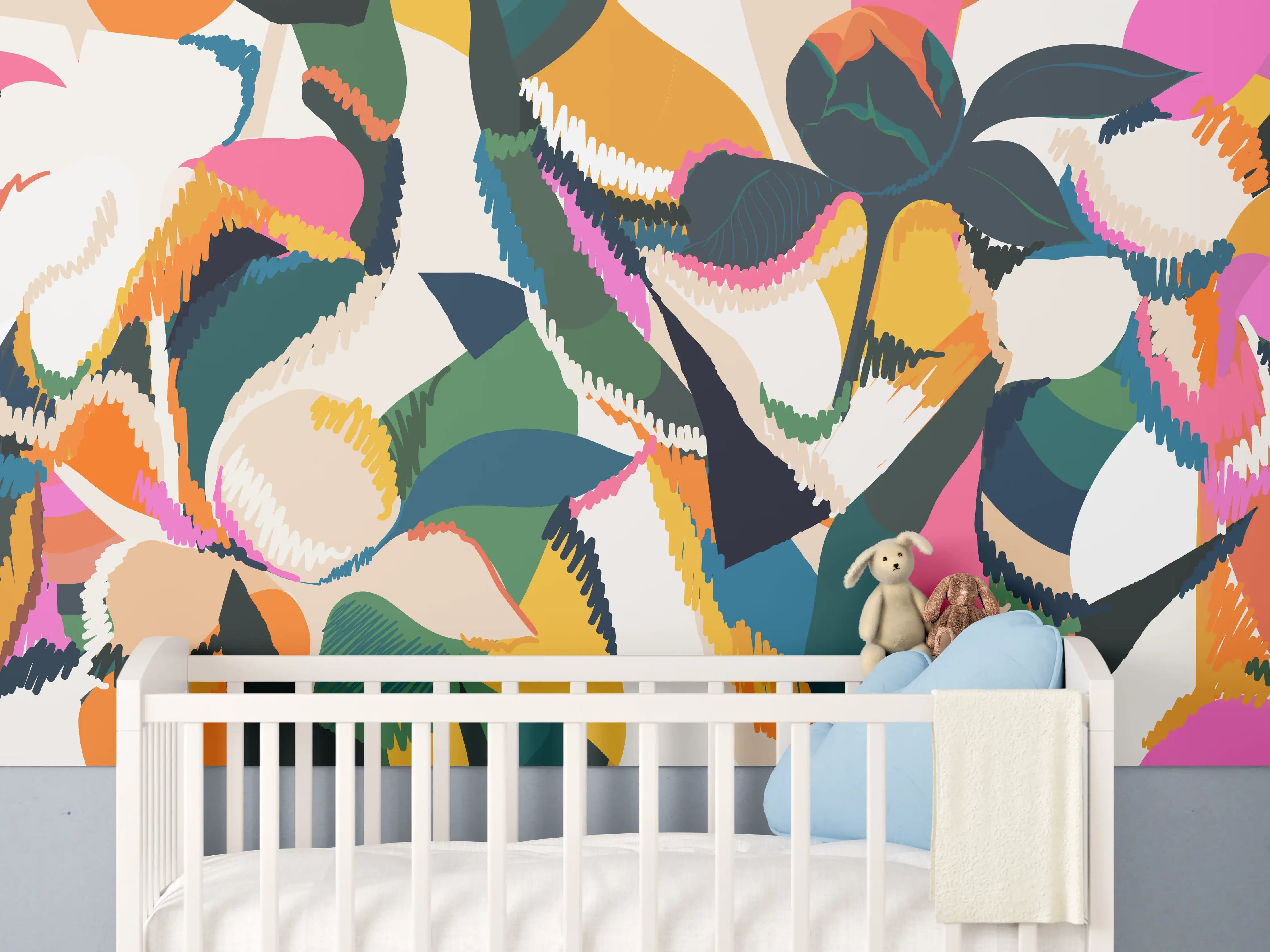 Babyzimmer Wandgestaltung - Abstrakte Tropische Blumen Pink-Orange