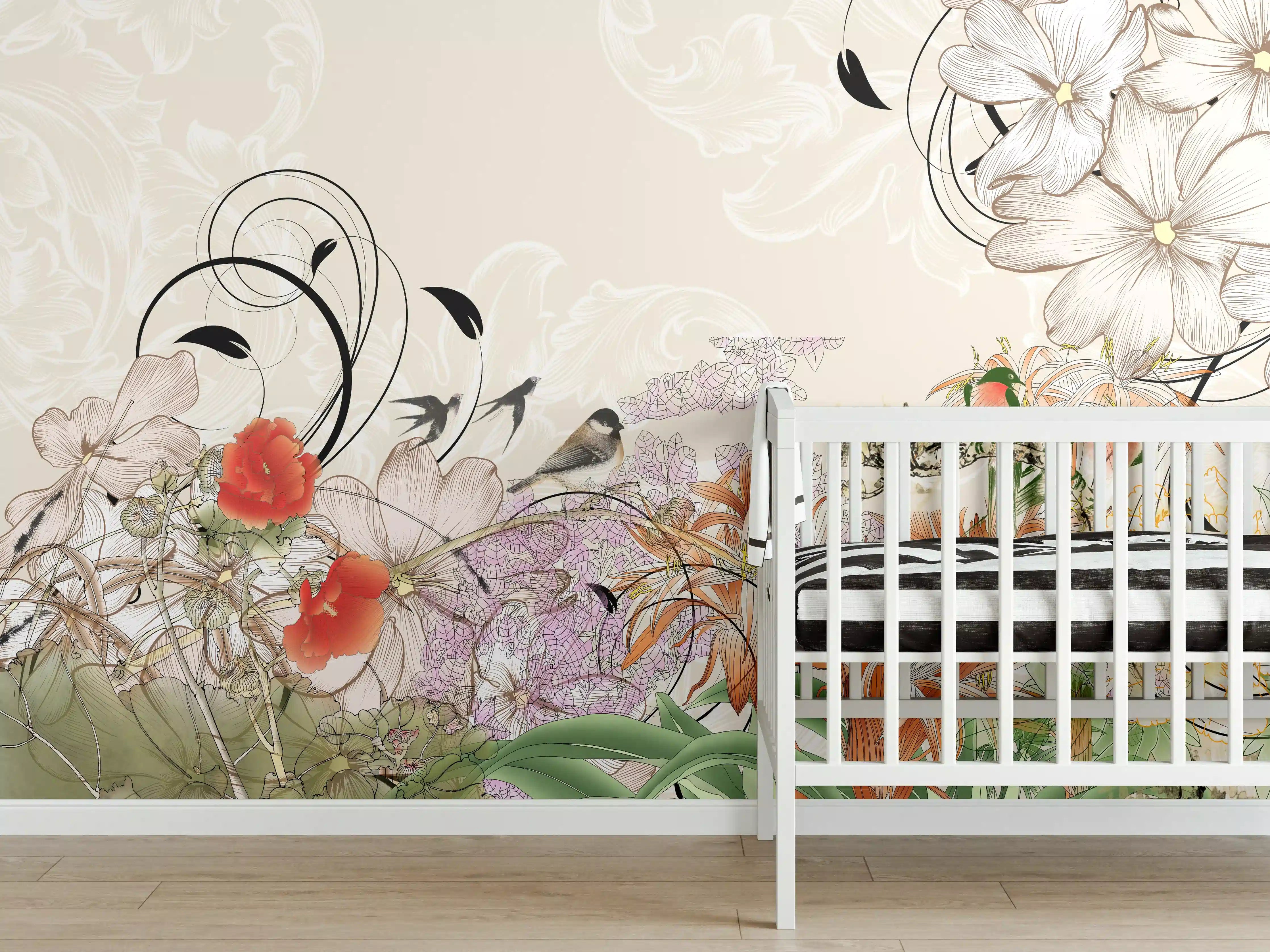 Babyzimmer Wandgestaltung - Abstrakte Vögel Natur Illustration