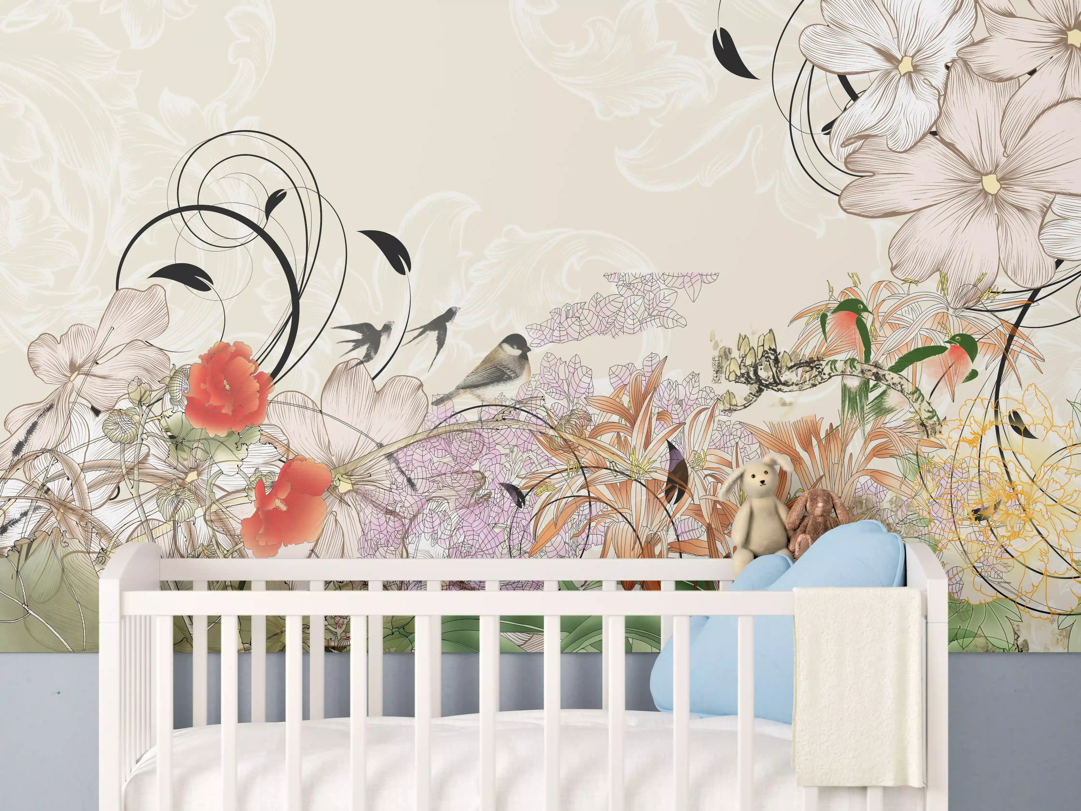 Babyzimmer Wandgestaltung - Abstrakte Vögel Natur Illustration