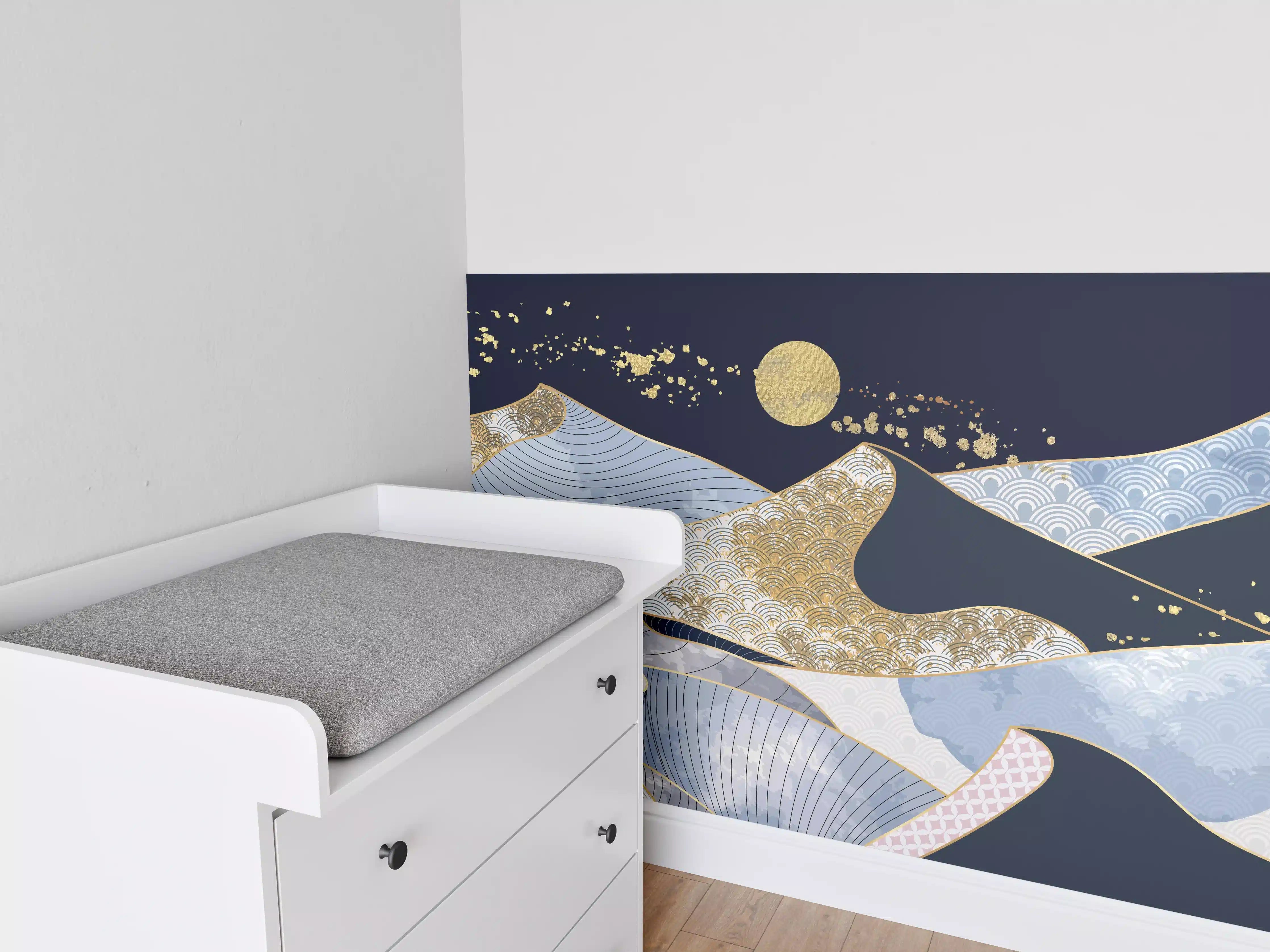 Babyzimmer Wandgestaltung - Abstrakte Wellen Gold Blau