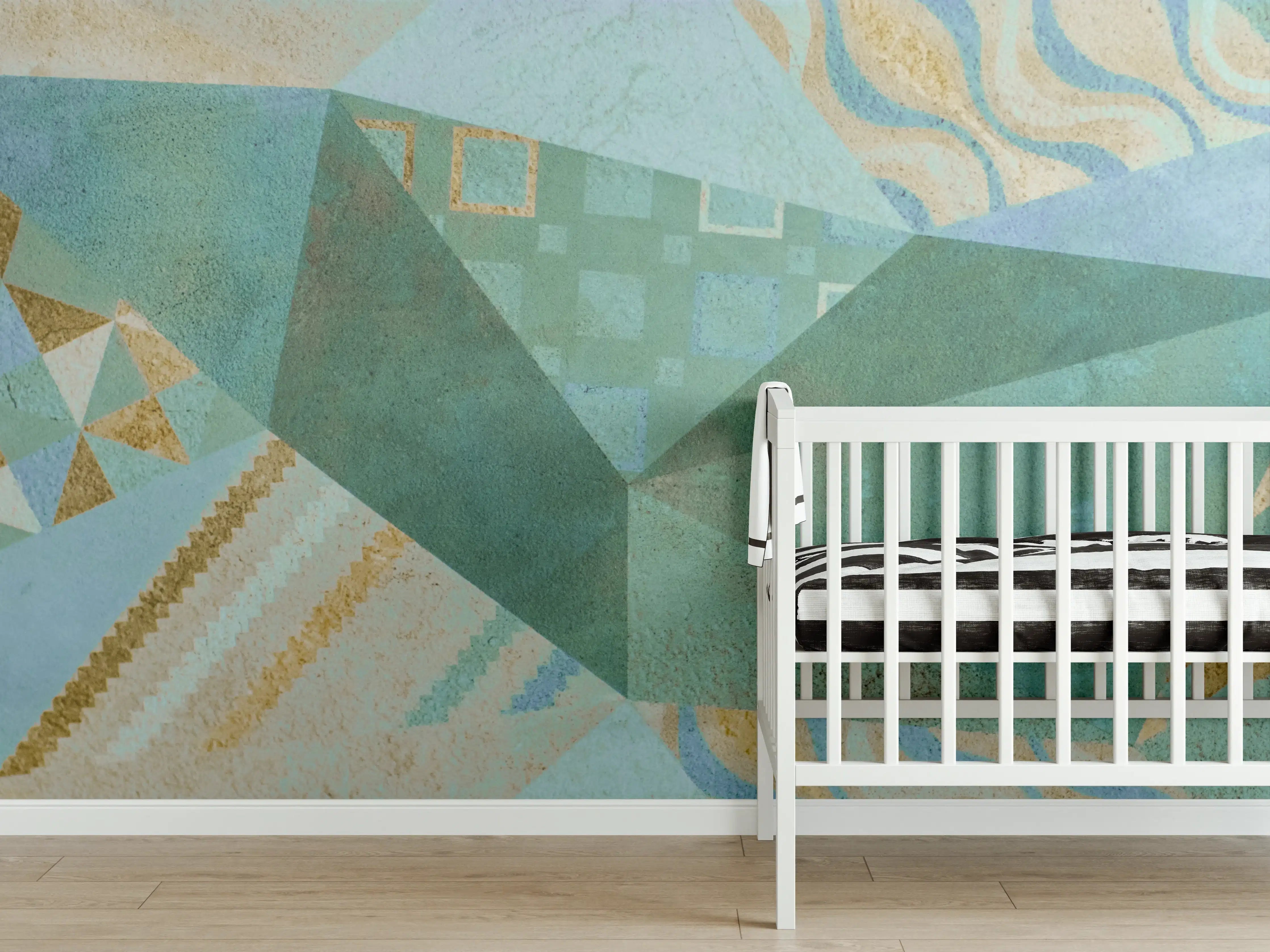 Babyzimmer Wandgestaltung - Abstrakte geometrische Muster in sanften Blau- und Beigetönen