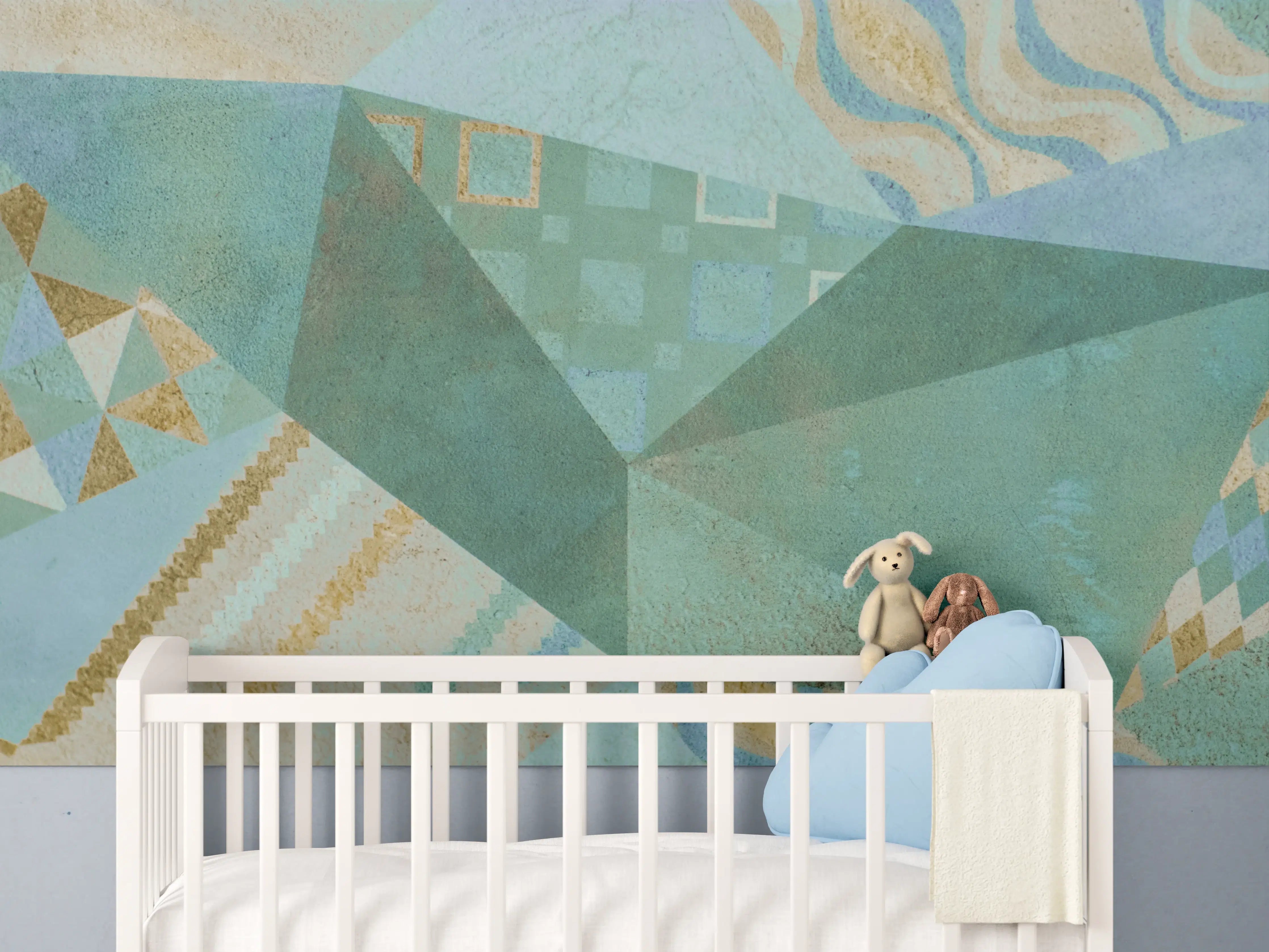 Babyzimmer Wandgestaltung - Abstrakte geometrische Muster in sanften Blau- und Beigetönen